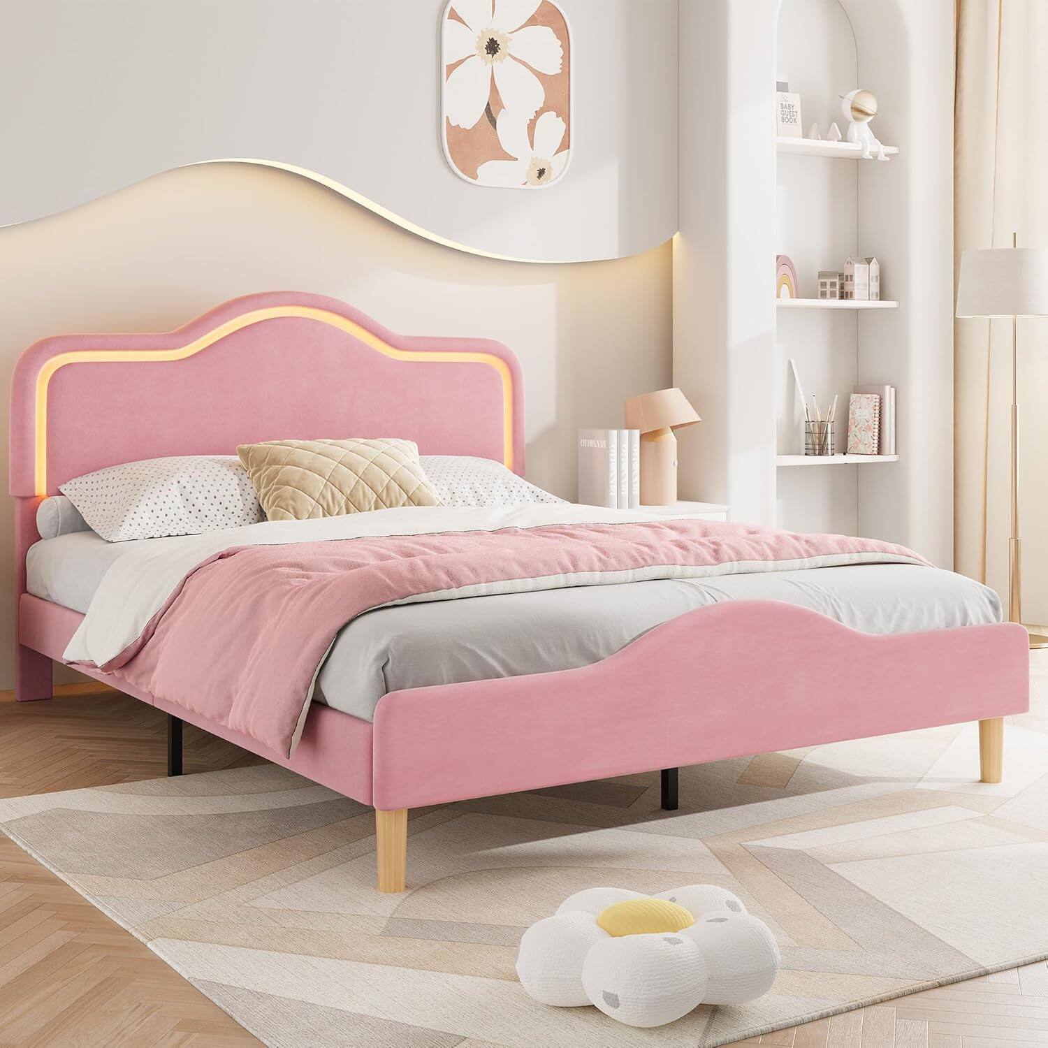 Front. Homhougo - Full Size Upholstered LED Bed Frame with Adjustable Headboard and Footboard, Velvet Princess Platform Bedframe for - ‎Pink.