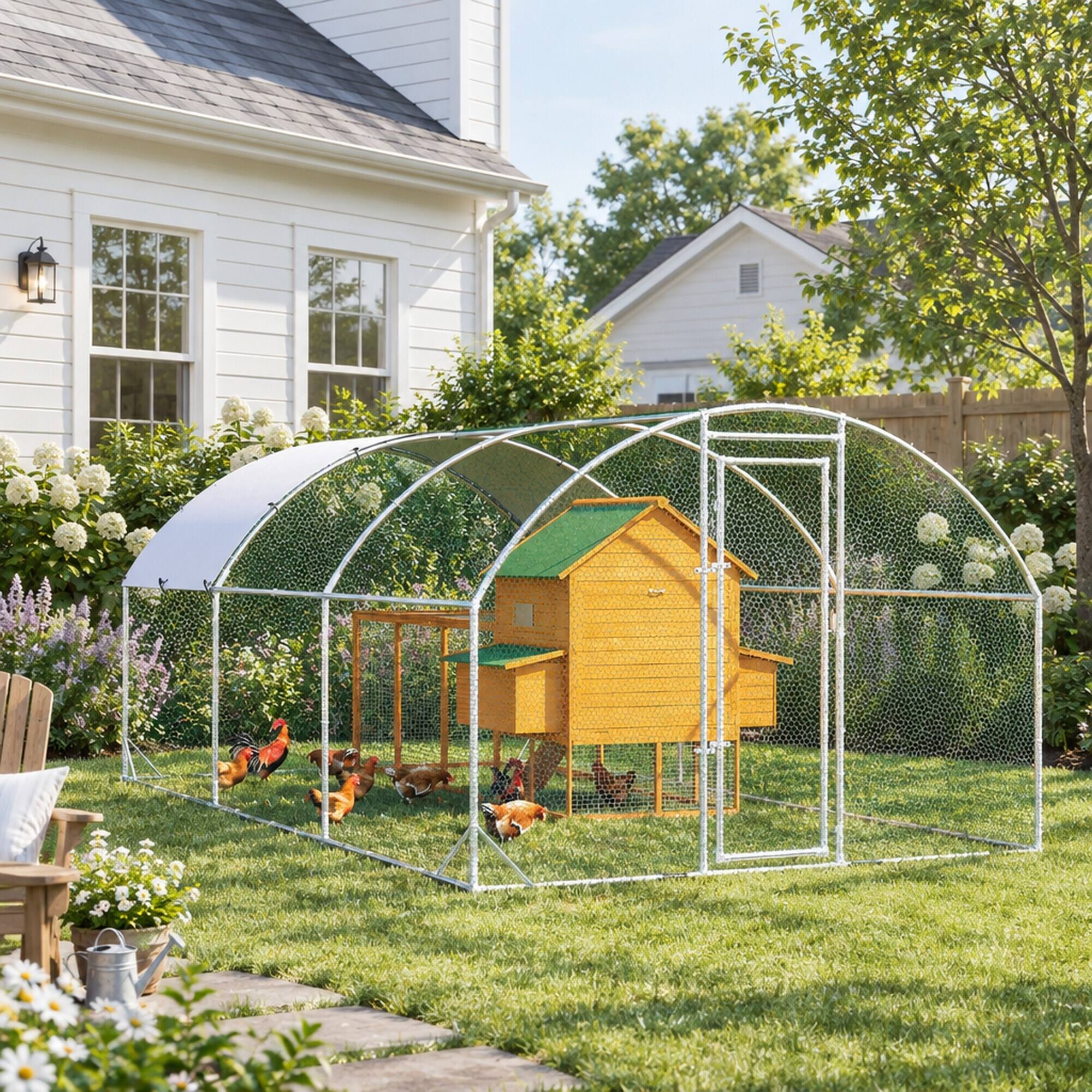Back. RYHNUYNE - Metal Chicken Coop, 18.7 ft x 9.2 ft x 6.5 ft Walk-in Run, Dome Roof, Waterproof Cover, 1 in Tube.