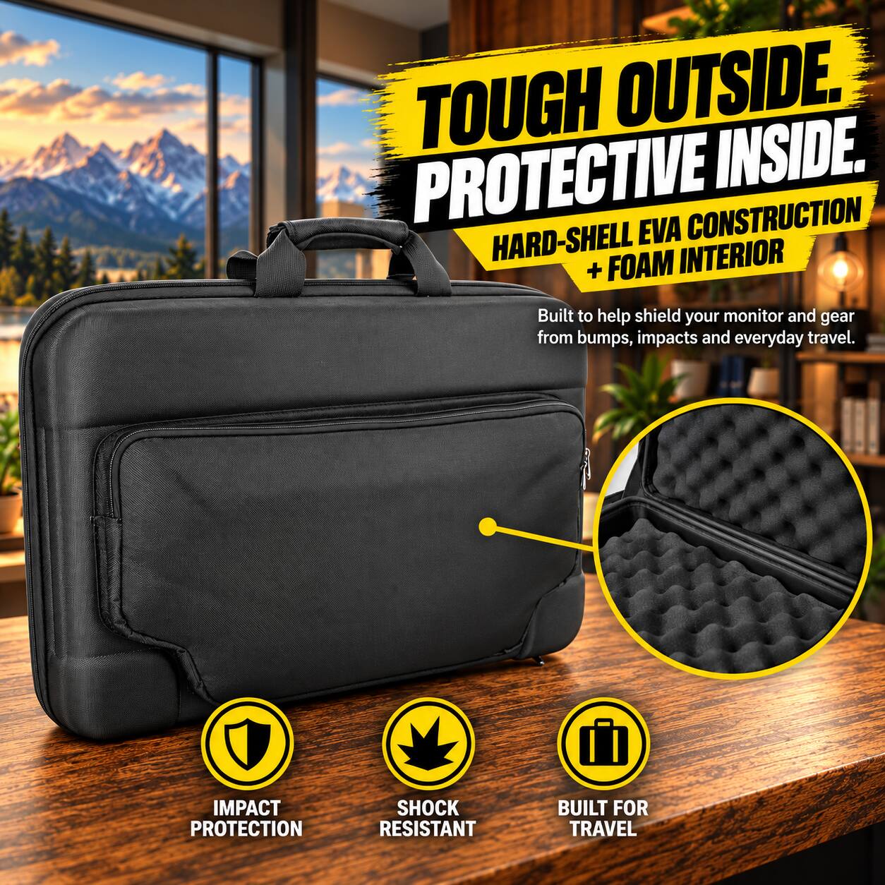 TOUGH OUTSIDE.  
PROTECTIVE INSIDE.  
HARD-SHELL EVA CONSTRUCTION + FOAM INTERIOR  
Built to help shield your monitor and gear from bumps, impacts and everyday travel.  

IMPACT PROTECTION  
SHOCK RESISTANT  
BUILT FOR TRAVEL