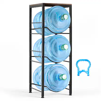 Front. VEVOR - Water Jug Holder, 4 Tiers 3 and 5 Gallon Water Bottle Holder for 3 Bottles, Heavy Duty Jug Rack Organizer with Storage - Black.