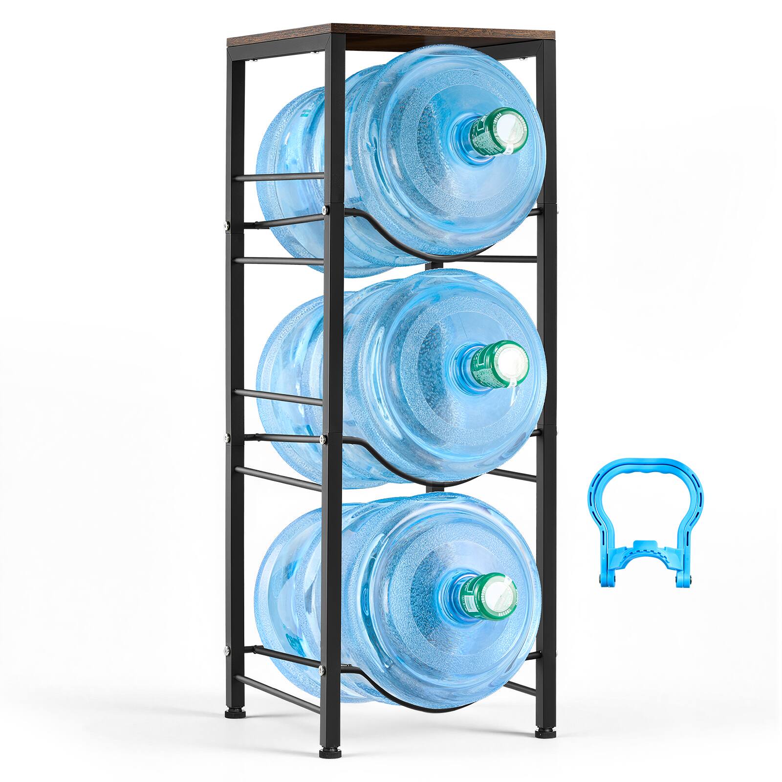 Front. VEVOR - Water Jug Holder, 4 Tiers 3 and 5 Gallon Water Bottle Holder for 3 Bottles, Heavy Duty Jug Rack Organizer with Storage - Black.