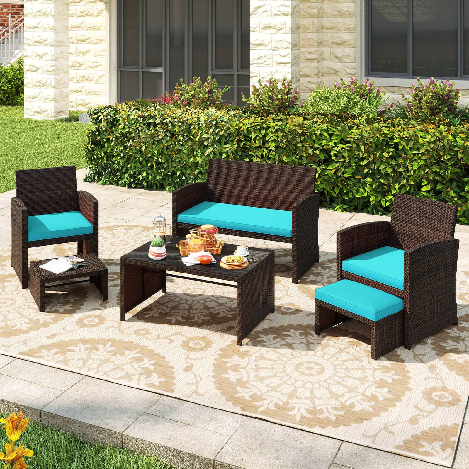 Alt View 1. Gymax - Gymax 6 PCS Patio Furniture Set w/ 1 Loveseat 1 Coffee Table 2 Armchairs 2 Ottomans Turquoise - Mix Brown, Turquoise.