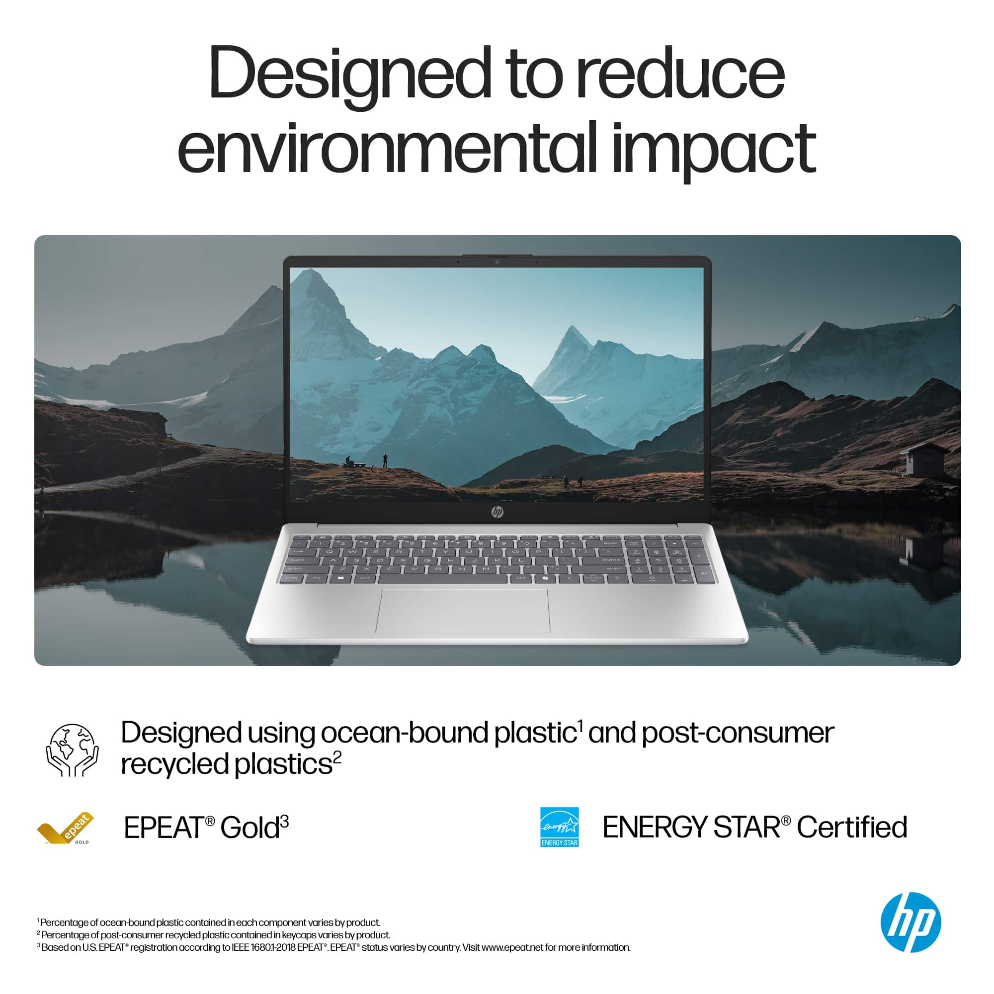 Designed to reduce environmental impact. Designed using ocean-bound plastic and post-consumer recycled plastics. EPEAT Gold. ENERGY STAR Certified. The percentage of ocean-bound plastic contained in top component. Percentage of post-consumer recycled plastic in the product. EPEAT registration status. Various global certifications. Visit www.hp.com/sustainability for more information.