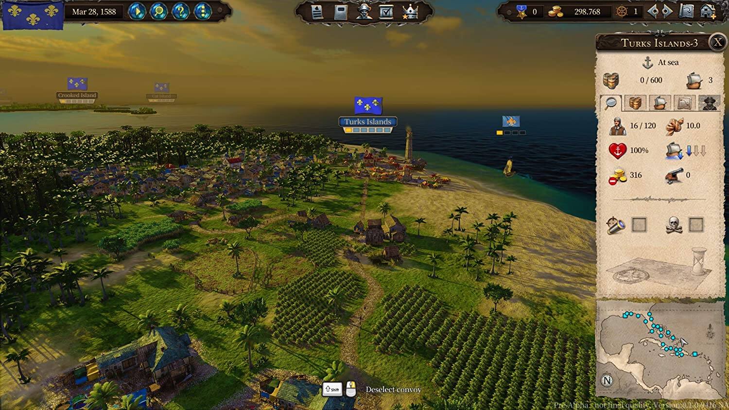 Mar 28, 1588  
0  
298.768  
1  
TURKS ISLANDS-3 X  
At sea  
0 / 600  
3  
Crooked Island  
Turks Islands  
16 / 120  
10.0  
100%  
316  
0  
Shift  
Deselect convoy  
N  
Pre-Alpha not final quality. Version: 0.1.09416 NA