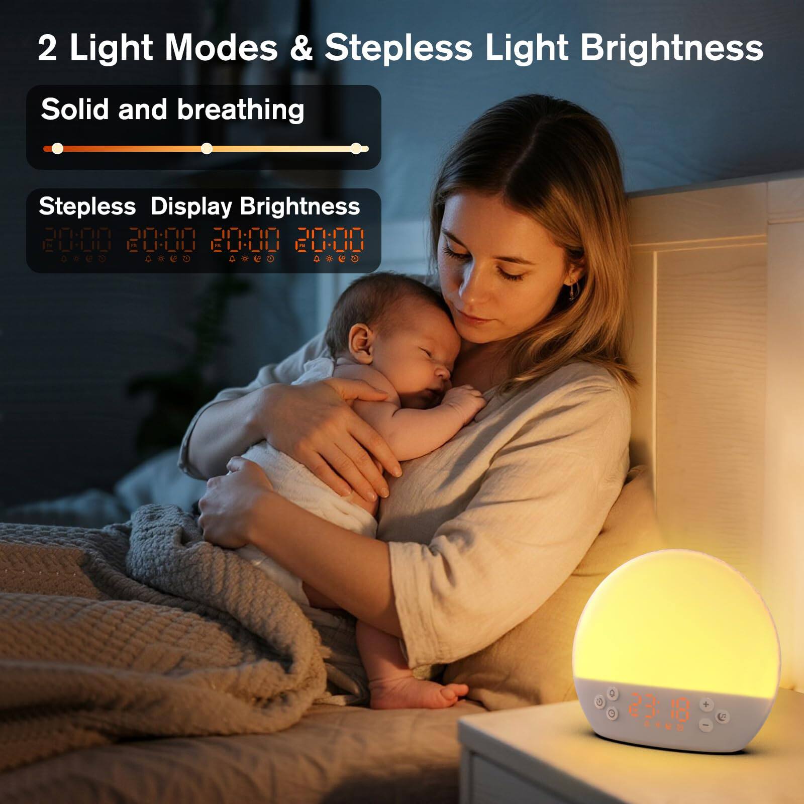 2 Light Modes & Steplless Light Brightness

Solid and breathing

Stepless Display Brightness

20:00 20:00 20:00 20:00

23:18