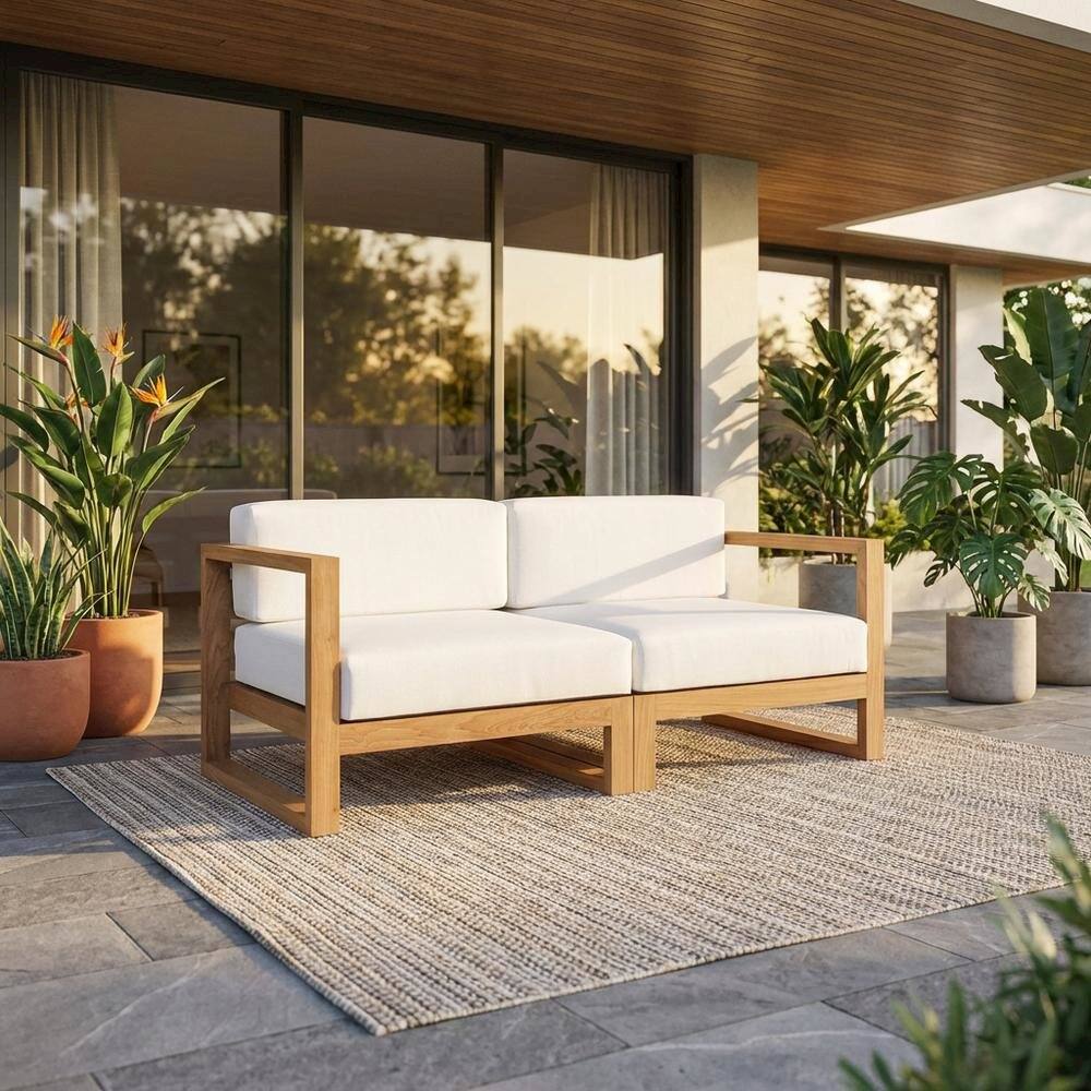 Angle. Outdoor Escape - Outdoor Patio Teak Wood Sectional Sofa Loveseat with Armrests - White.