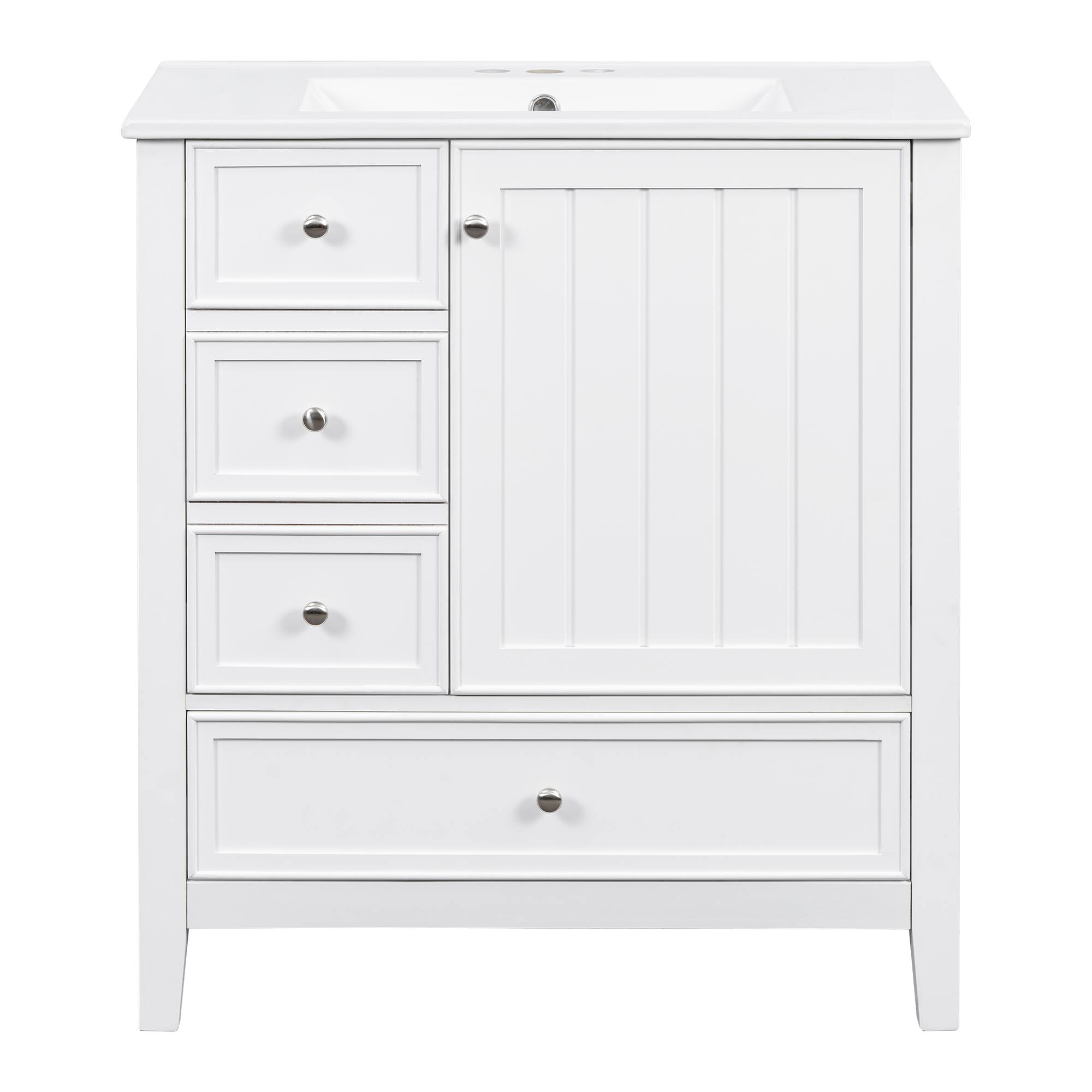 Back. Whisen - 30" Bathroom Vanity with Ceramic Sink Combo 3-Drawer 1-Cabinet Freestanding Storage Cabinet - White.