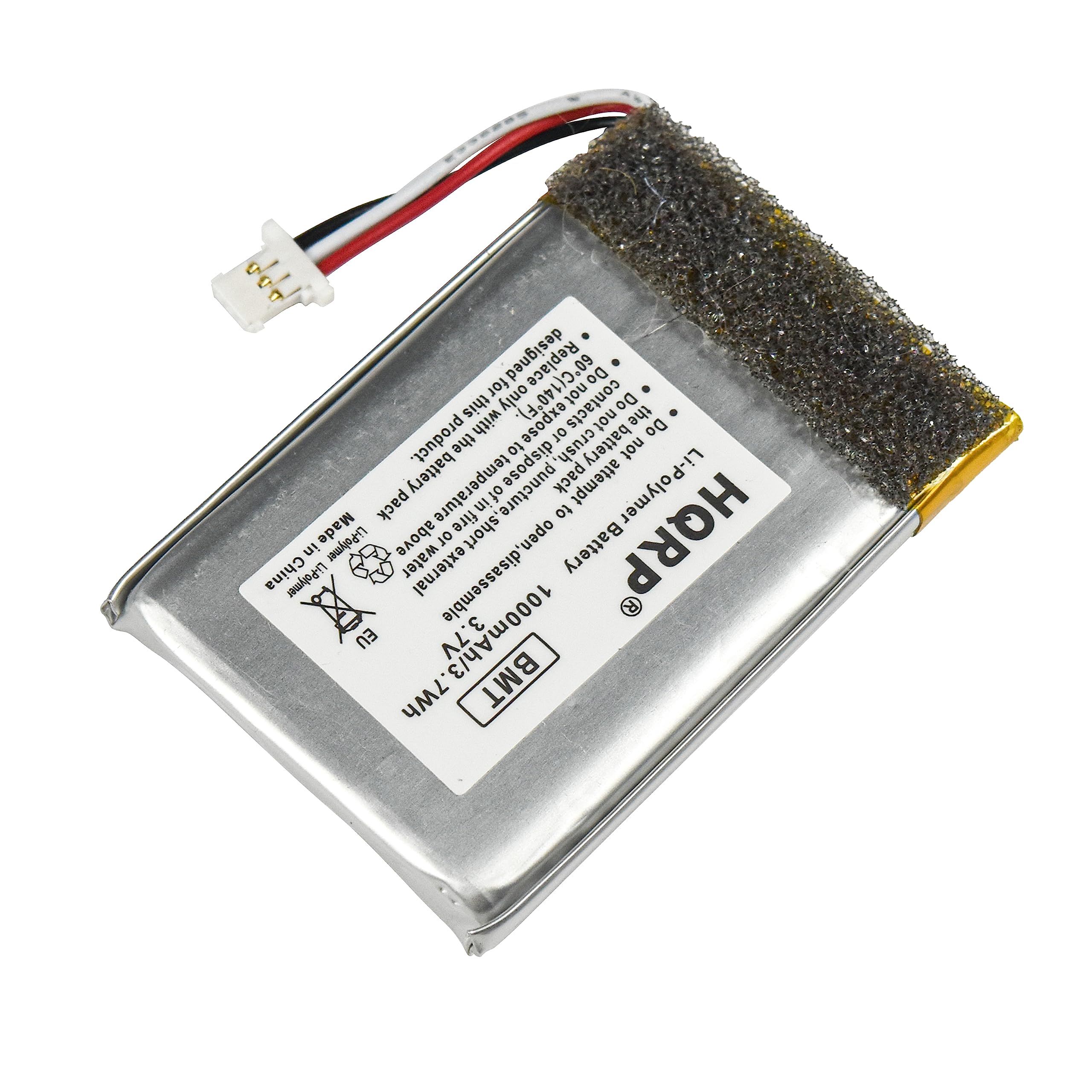 PPP designed Replace o for only 60C(140F). Do not expose the product to temperatures above 60C(140F). Do not attempt to crush, puncture, or disassemble the battery. Do not dispose of in fire, water, or external short circuits. Made in China. Li-Polymer battery. 1000mAh/3.7Wh 7V. BMT. OL Battery HQRP.