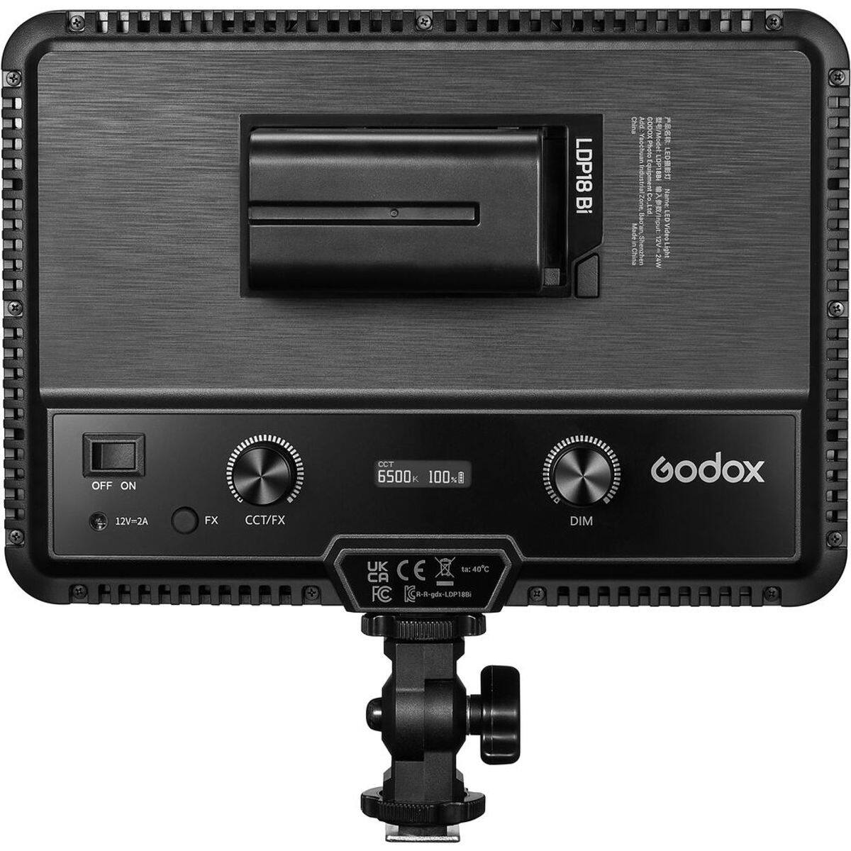 2 LDP18 Bi I PH DOOGX SR UENGOOR Pos /Mndel LOP1ES JDBE a Nane I out Sheches OVideoLlc I OFF ON CCT 6500 100%1 Godox 12V-2A FX CCT/FX DIM UK CE ta: 40C CA FC -p6-LOPE