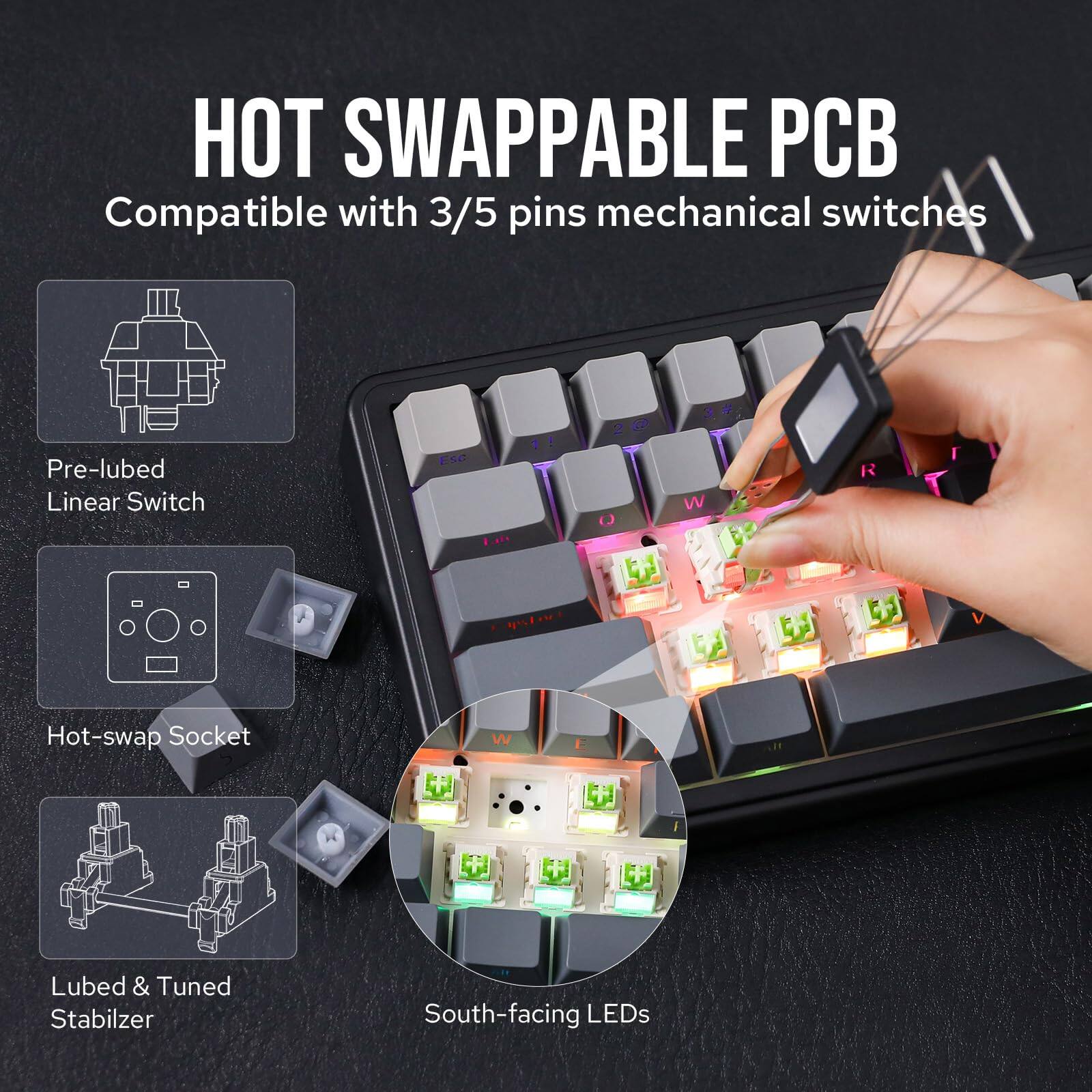 HOT SWAPPABLE PCB  
Compatible with 3/5 pins mechanical switches

- Pre-lubed Linear Switch
- Hot-swap Socket
- Lubed & Tuned Stabilizer
- South-facing LEDs