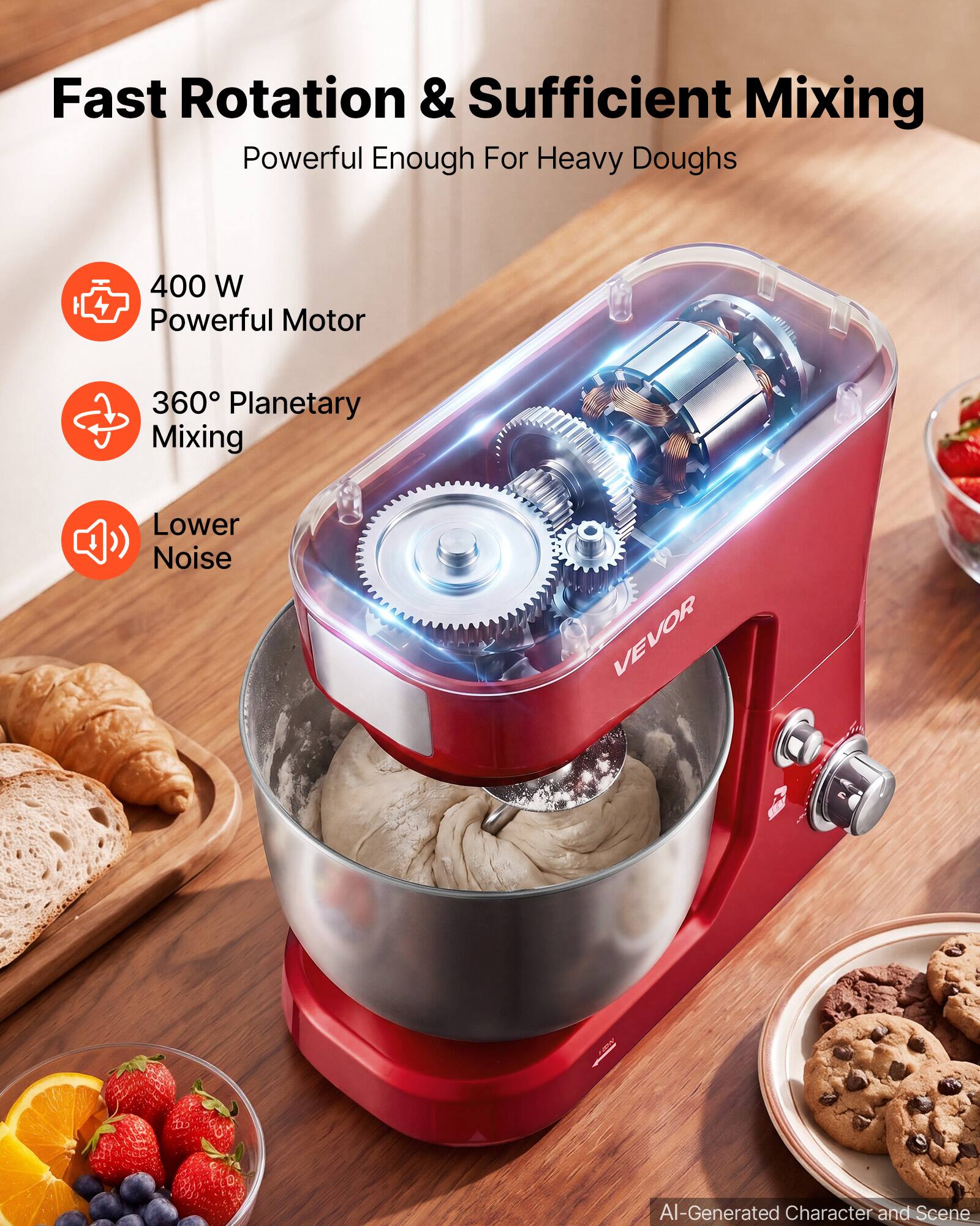 Fast Rotation & Sufficient Mixing  
Powerful Enough For Heavy Doughs  
400 W Powerful Motor  
360° Planetary Mixing  
Lower Noise  
VEVOR  
AI-Generated Character and Scene