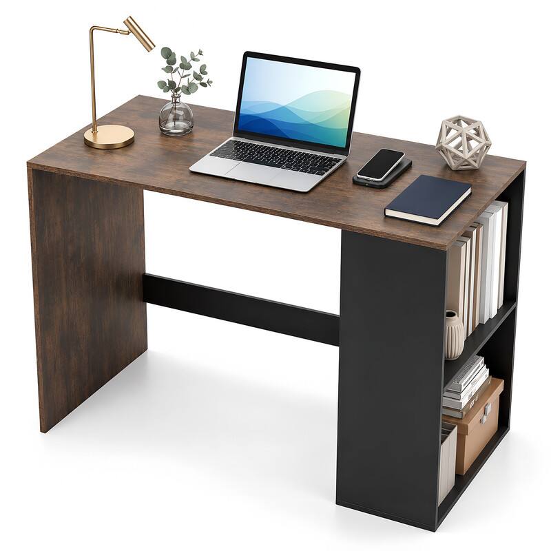 Left. WELLFOR - 44" Computer Desk with Bookshelf, Modern Home Office Desk for Small Space - Rustic Brown and Black.