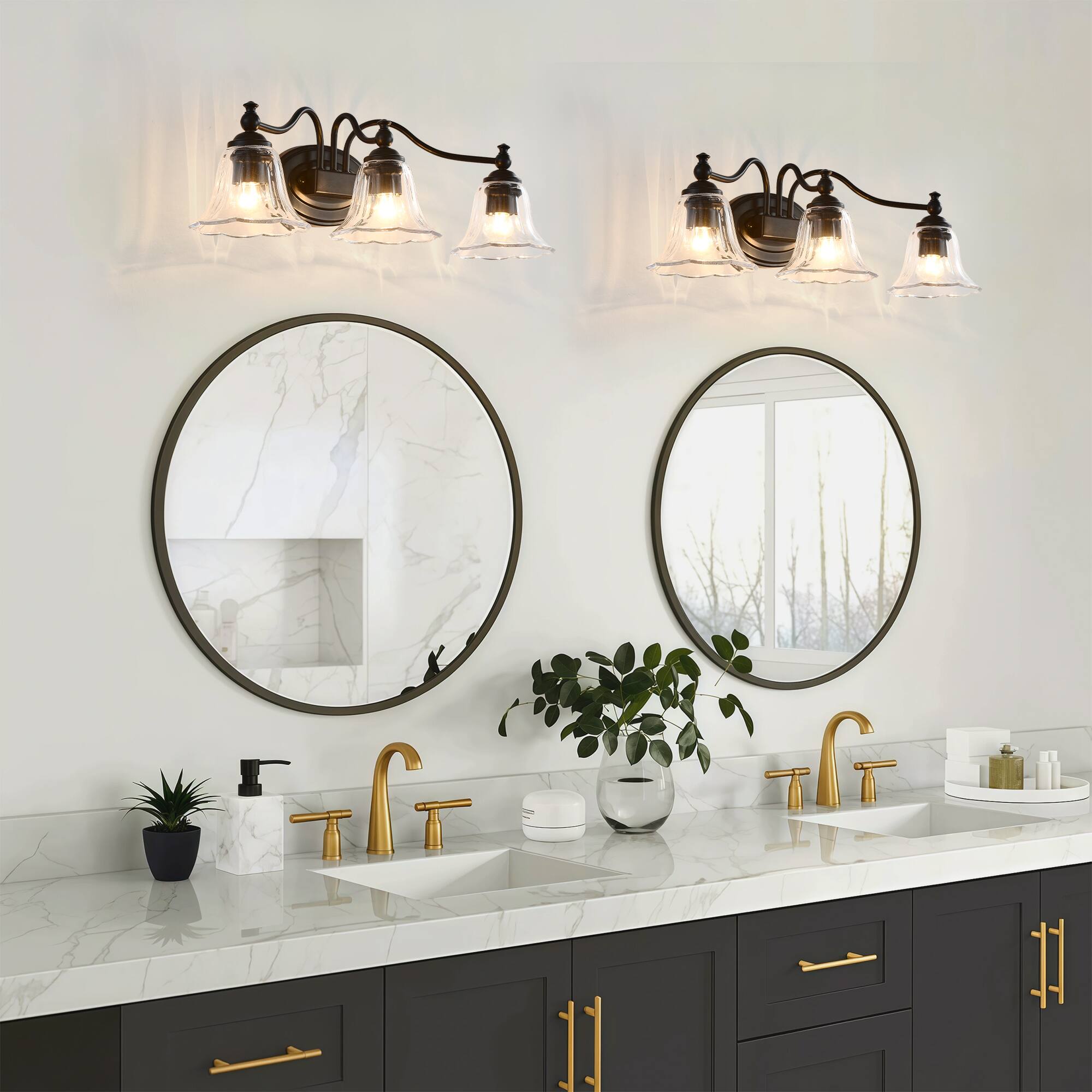 Alt View 3. RYHNUYNE - 3-Light Bathroom Vanity Light Fixture,Vanity Light with Crystal Glass Shade,Farmhouse Wall Mount Lighting Over Mirror - Black.