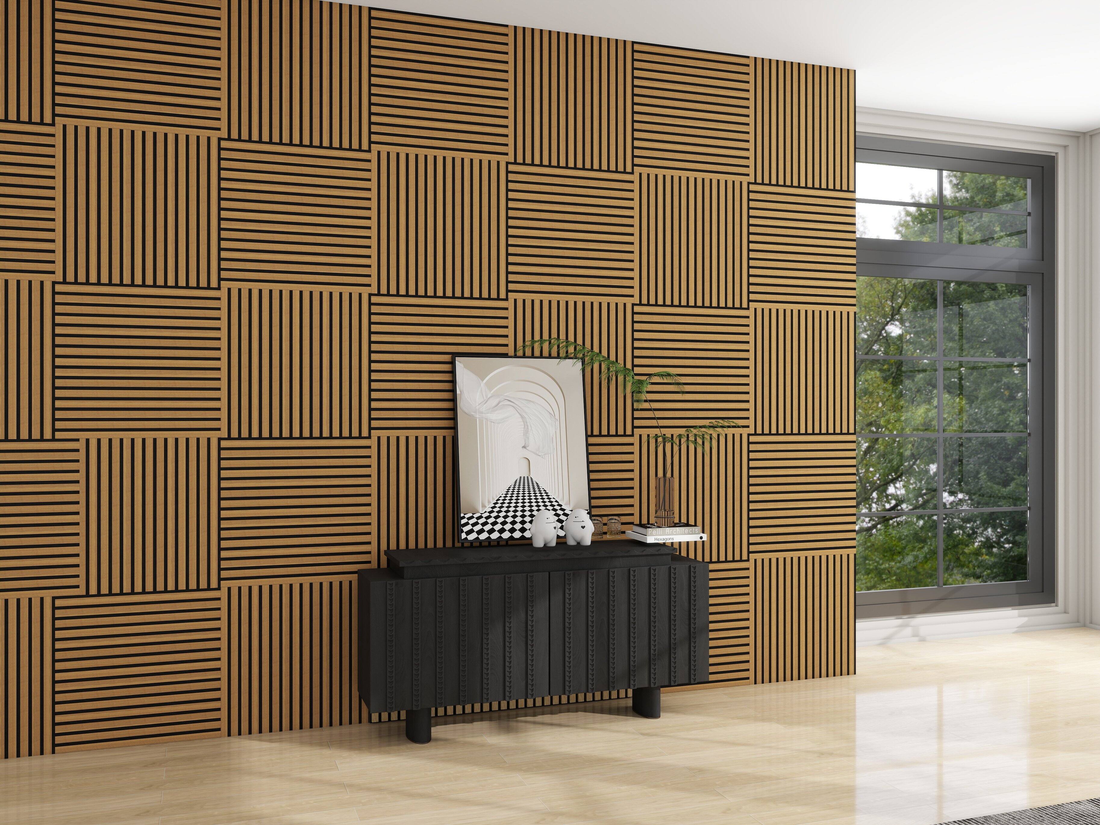 Back. Mondawe - 4PCS Wooden Strip Acoustic Boards,3D Groove Sound-Absorbing Design, Three-Side Wrapping Craft, Adhesive - Walnut.