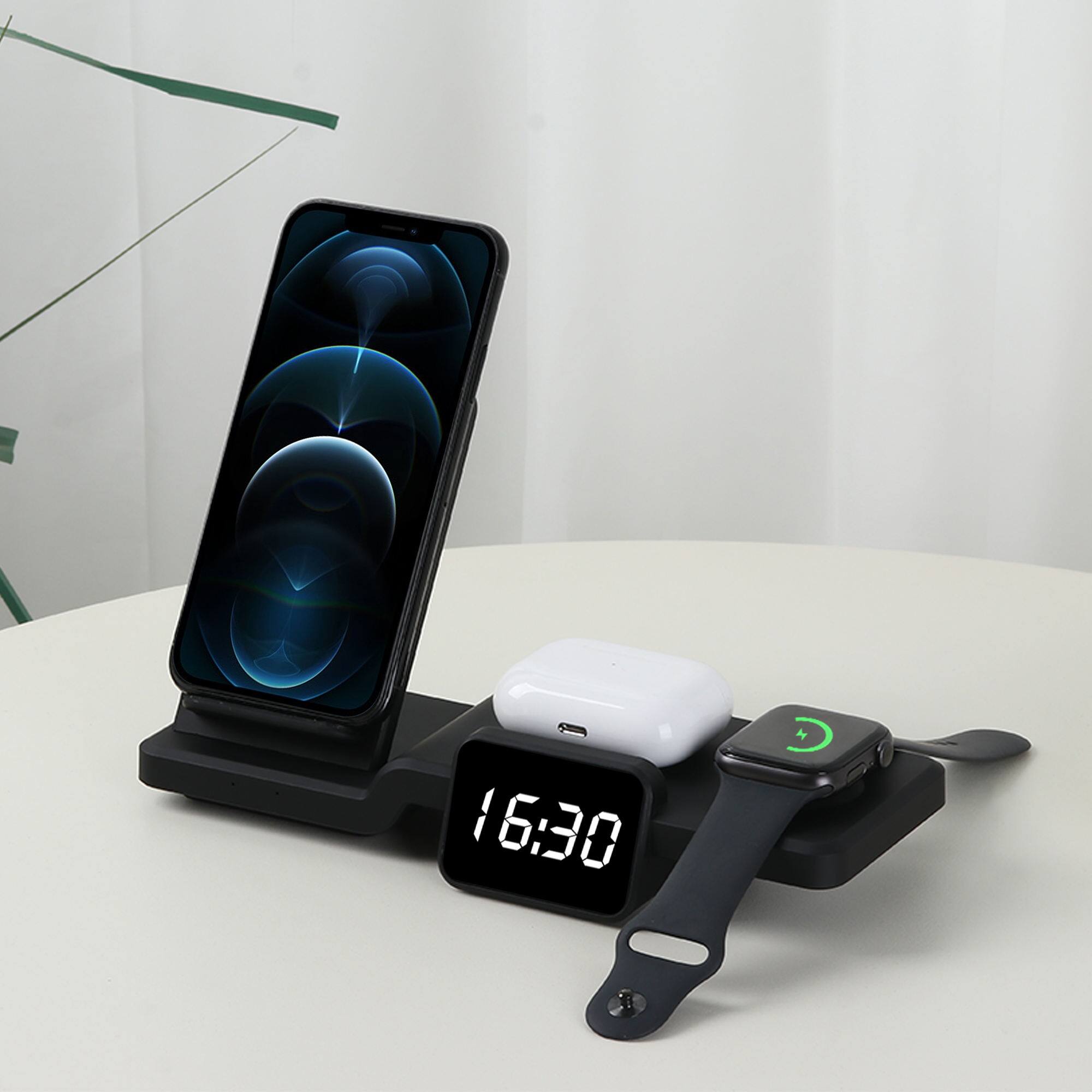 Alt View 2. Cluzine - 15W 4-in-1 Wireless Charger with Clock, Fast Charging Stand Compatible with iPhone, Apple Watch & Earbuds.