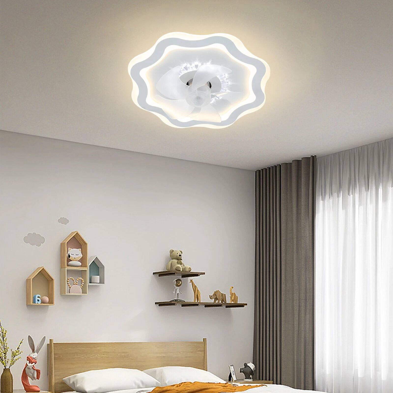 Angle. Home Collection - Modern Flush Mount Ceiling Fan Light with Dimmable LED and Remote Control, White.