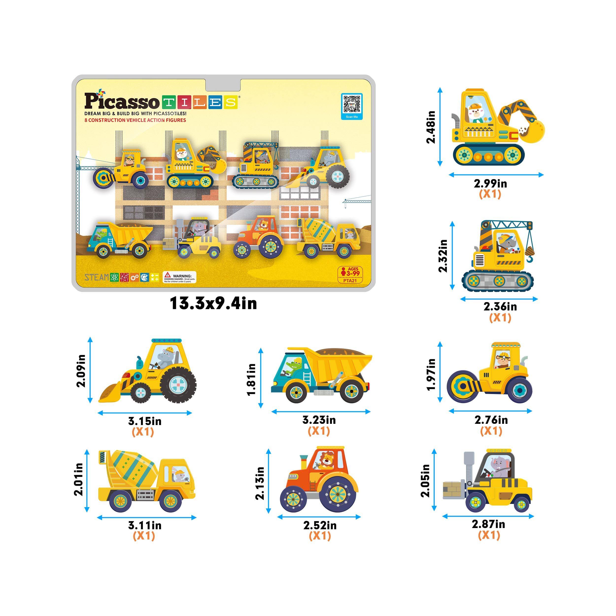 Picasso Tiles Dream Big & Build Big with Picasso Tiles! Construction Vehicle Action Figures - 2.48in (X1) 2.99in (X1) 2.32in (X1) 2.36in (X1) 2.09in (X1) 3.15in (X1) 1.81in (X1) 3.23in (X1) 1.97in (X1) 2.76in (X1) 2.01in (X1) 3.11in (X1) 2.13in (X1) 2.52in (X1) 2.05in (X1) 2.87in (X1) 13.3x9.4in