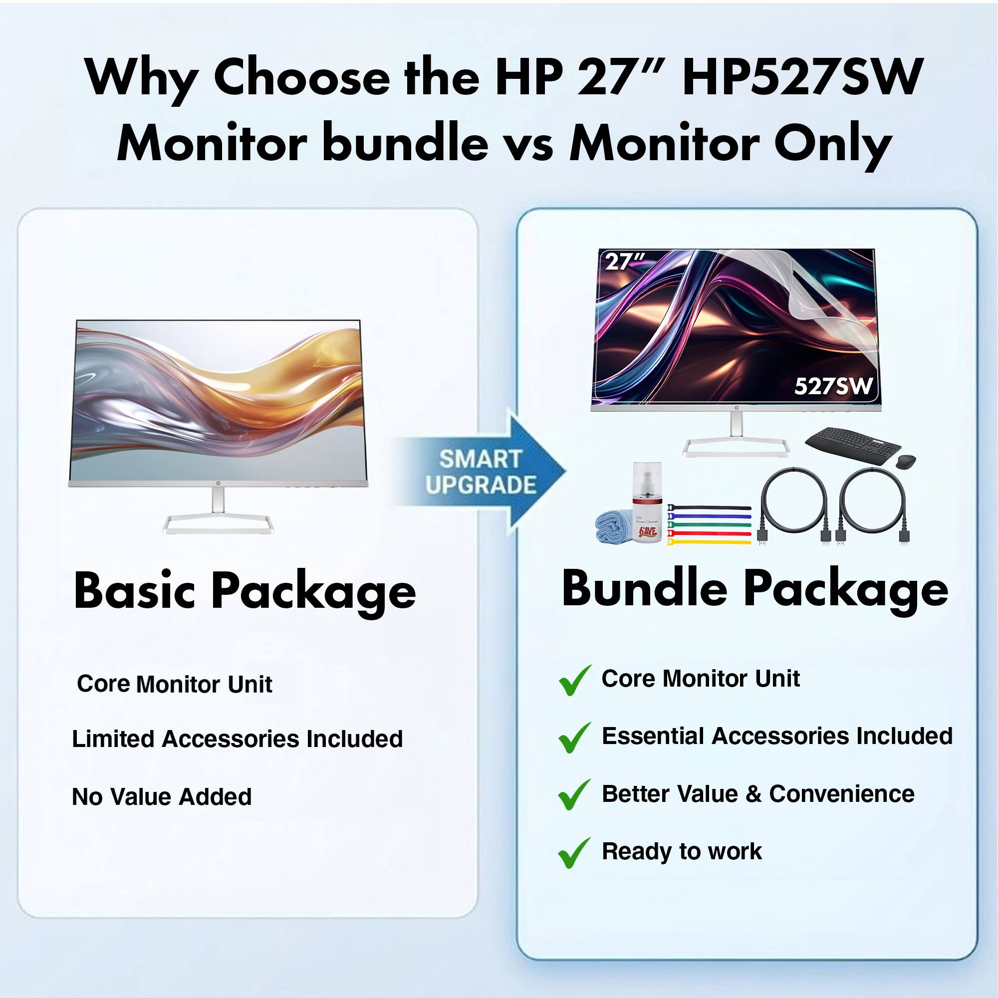 Why Choose the HP 27" HP527SW Monitor bundle vs Monitor Only

Basic Package
- Core Monitor Unit
- Limited Accessories Included
- No Value Added

Bundle Package
- Core Monitor Unit
- Essential Accessories Included
- Better Value & Convenience
- Ready to work