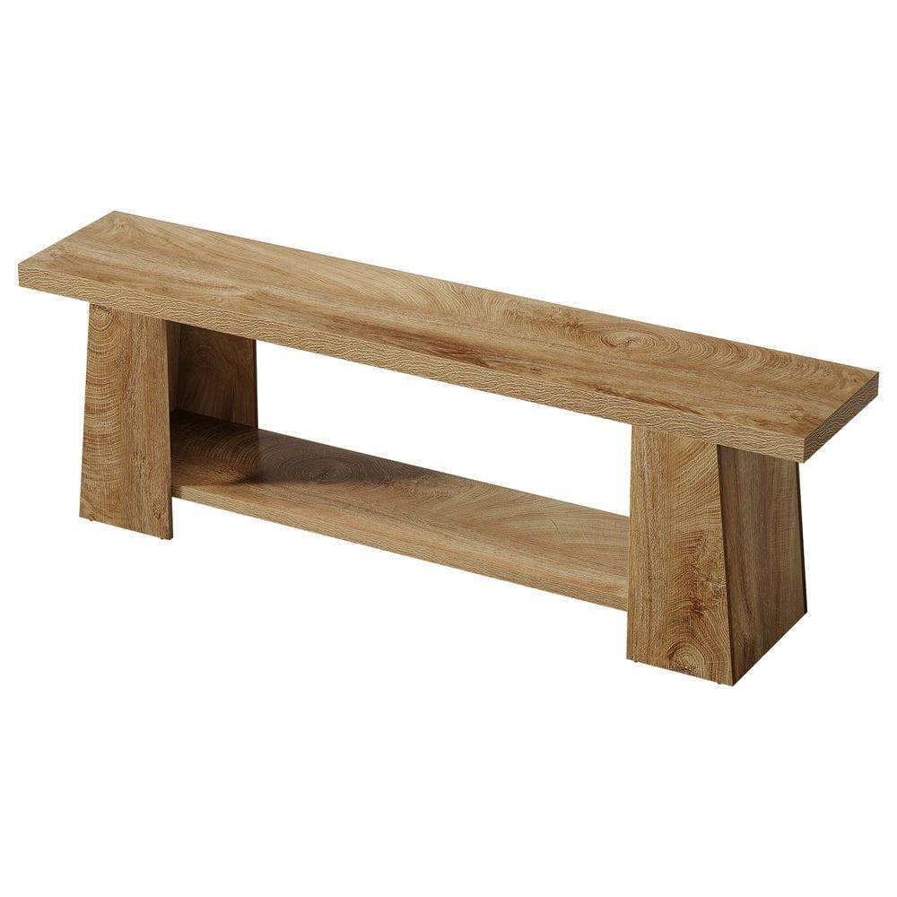 Left. Kadyn - 59-Inch 2-Tier Entryway Bench with Storage Shelves, Extra Long Shoe Bench, Natural Wood - Brown.