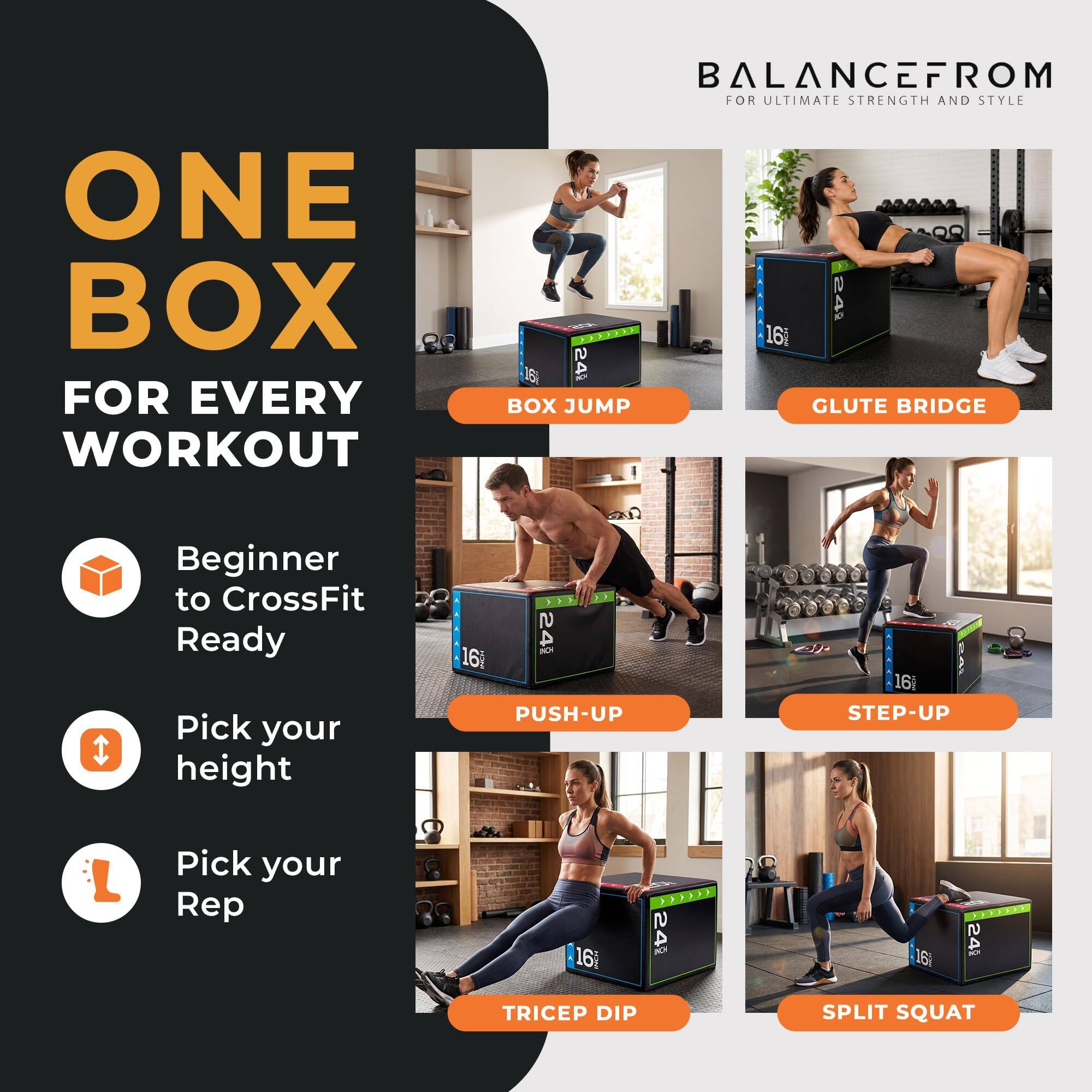 ONE BOX FOR EVERY WORKOUT

BALANCEFROM FOR ULTIMATE STRENGTH AND STYLE

Beginner to CrossFit Ready
Pick your height
Pick your Rep

BOX JUMP
GLUTE BRIDGE
PUSH-UP
STEP-UP
TRICEP DIP
SPLIT SQUAT