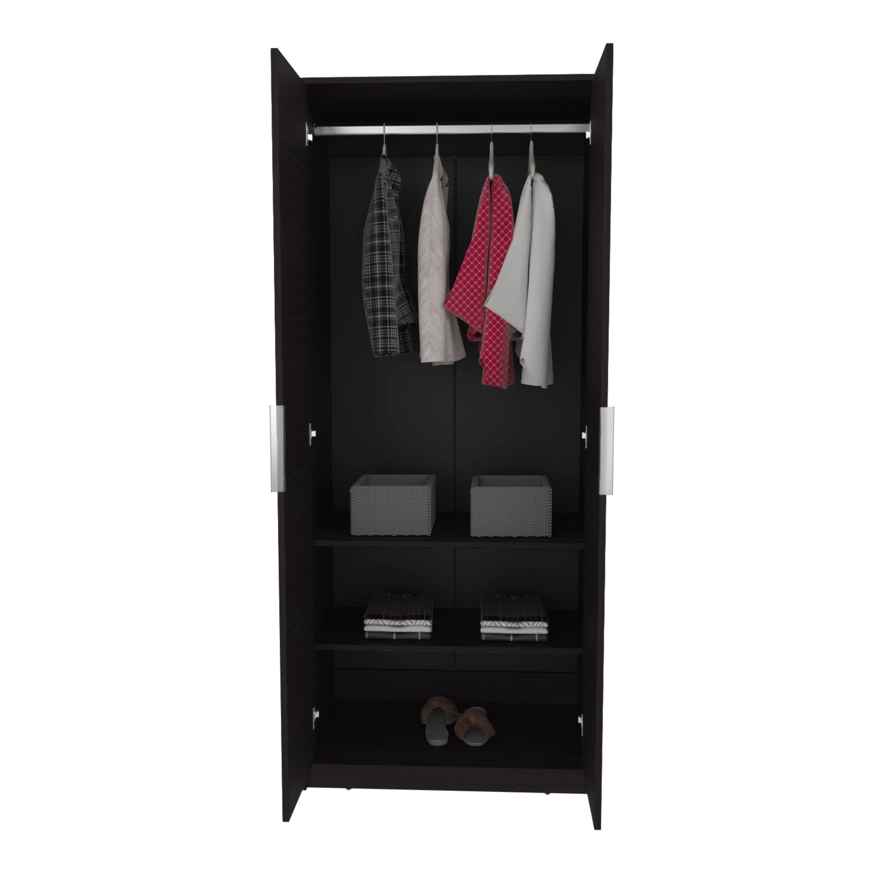 Angle. TuHome - Wenden Armoire Double Doors, Hanging Rod And Interior Shelves, Freestanding Modern Wardrobe - Black.