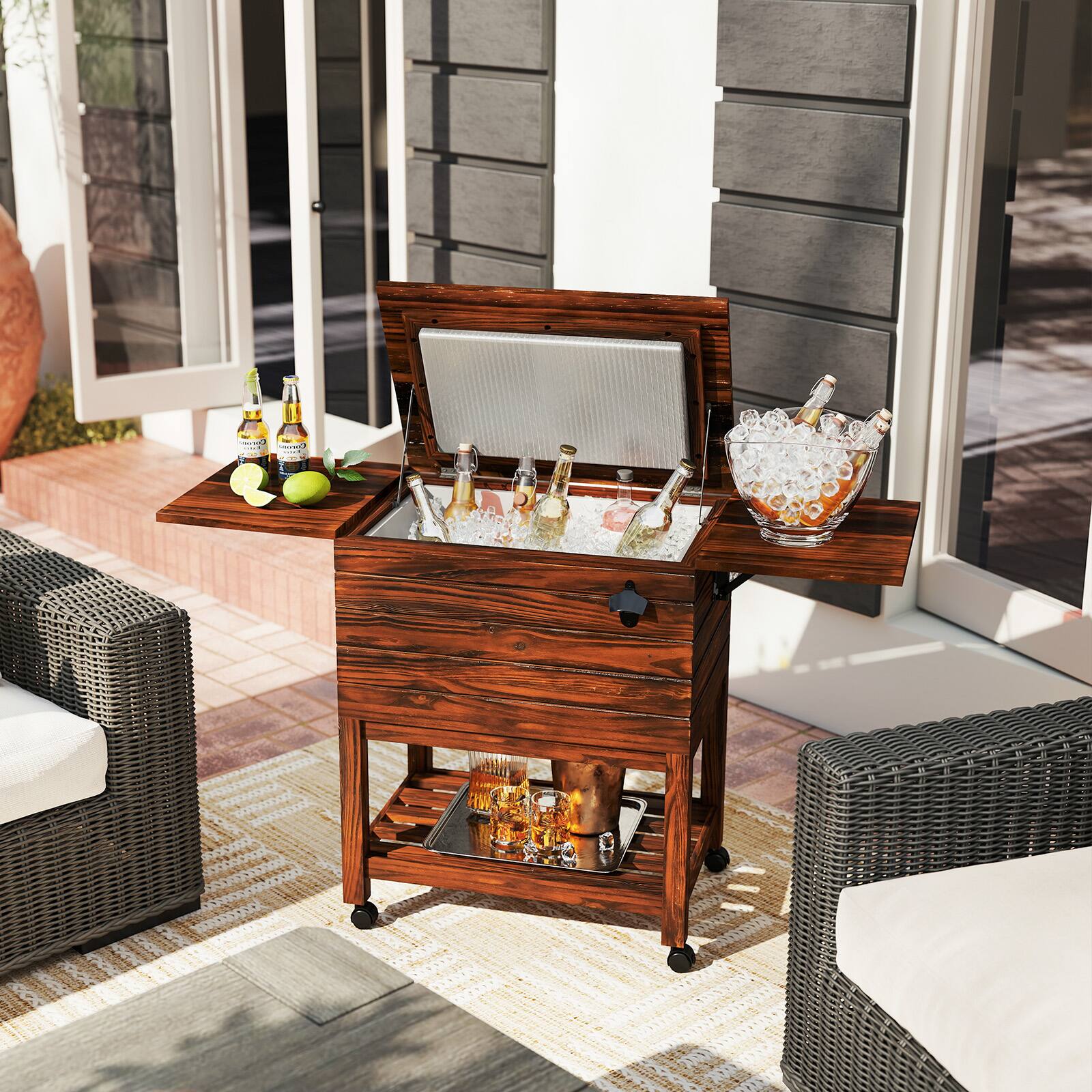 Alt View 3. Gymax - Gymax 54 Quart Rolling Wooden Patio Cooler Cart w/ 2 Drop Leaf Tables Bottle Opener - Brown.