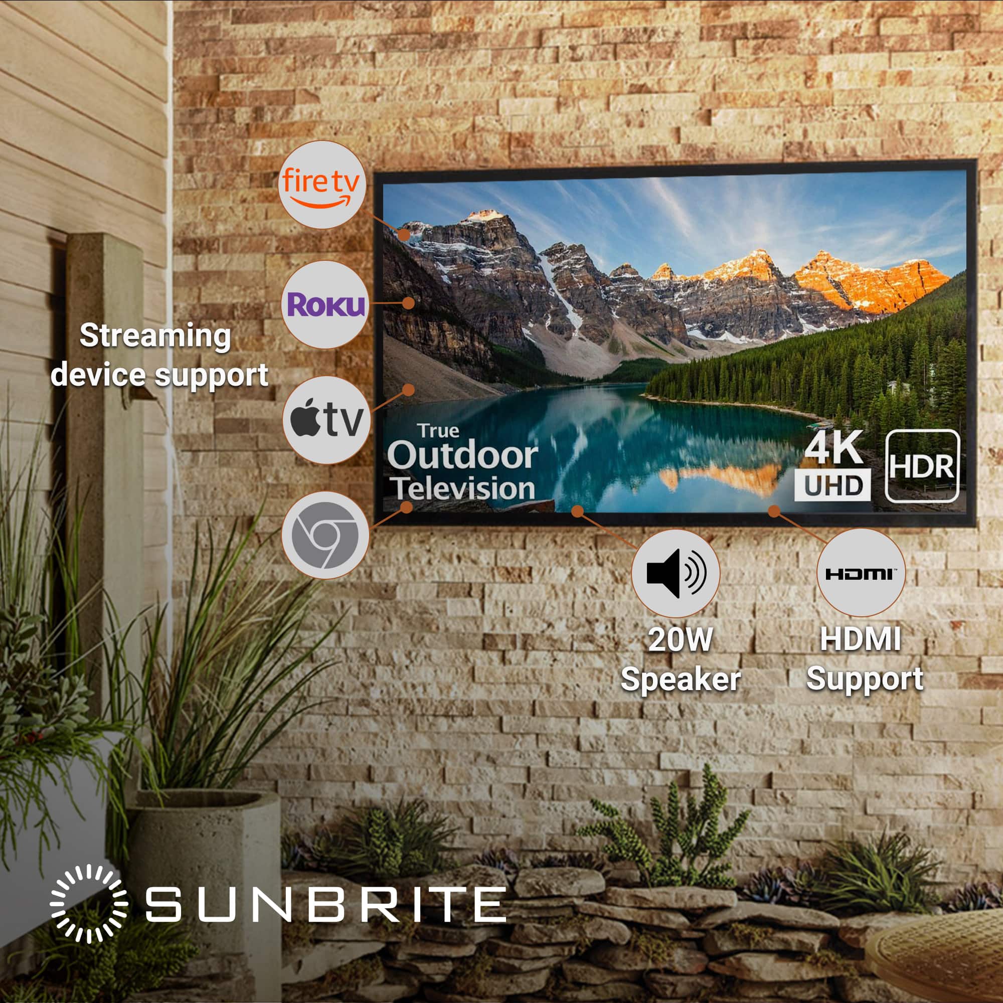 The text on the image describes a television with various features and capabilities. It is a "True Outdoor Television" with a 4K HDR UHD display, providing an immersive viewing experience. The television also supports streaming devices such as Roku and Apple TV, allowing for easy access to a wide range of content. Additionally, the television is compatible with a 20W HDMI speaker, enhancing the audio quality for an even more enjoyable viewing experience. The television is also supported by a Sunbrite brand, which may suggest that it is designed for outdoor use or has a durable and weather-resistant construction.
