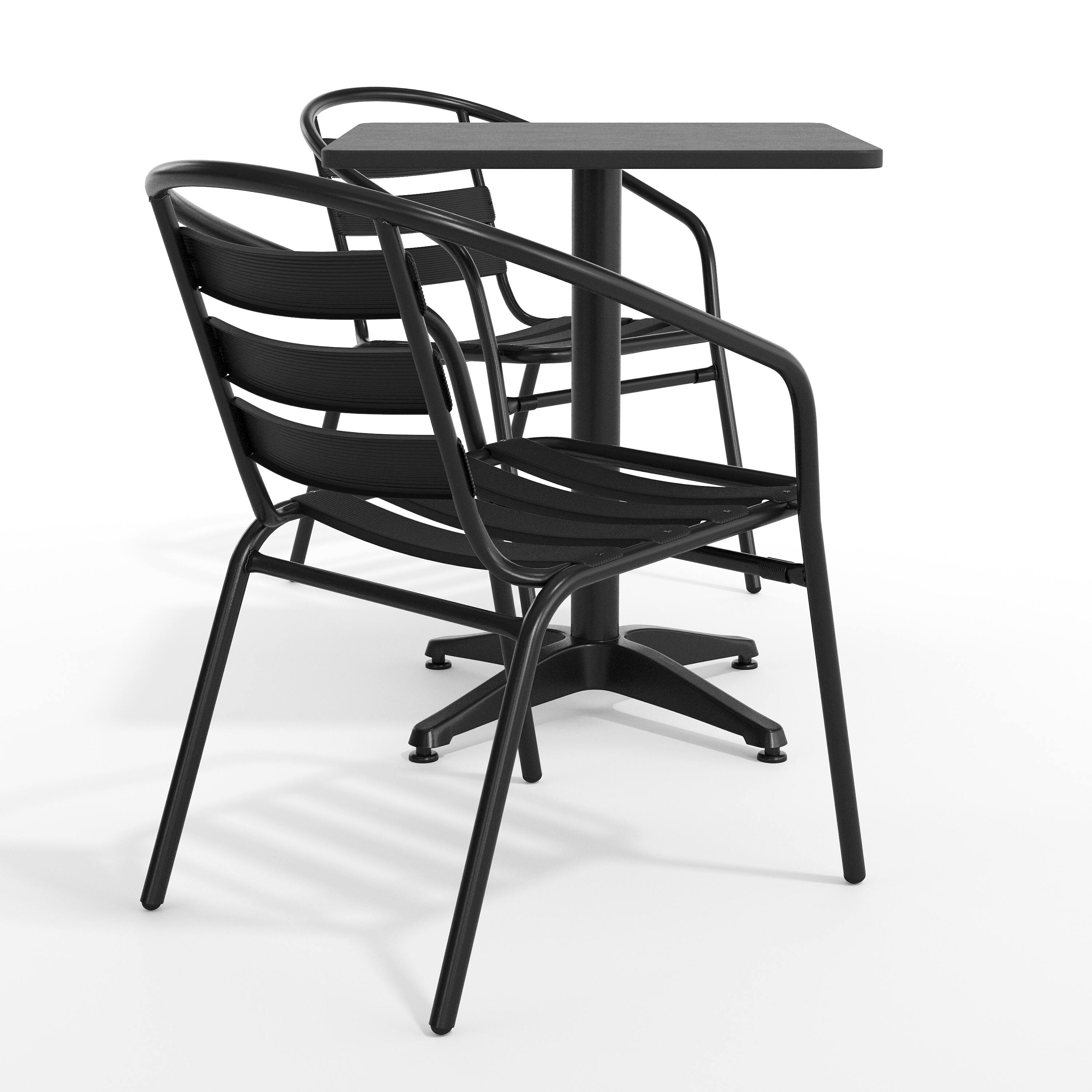 Left. Flash Furniture - Lila 23.5'' Black Square Aluminum Indoor-Outdoor Table Set with 2 Black Slat Back Chairs - Black.