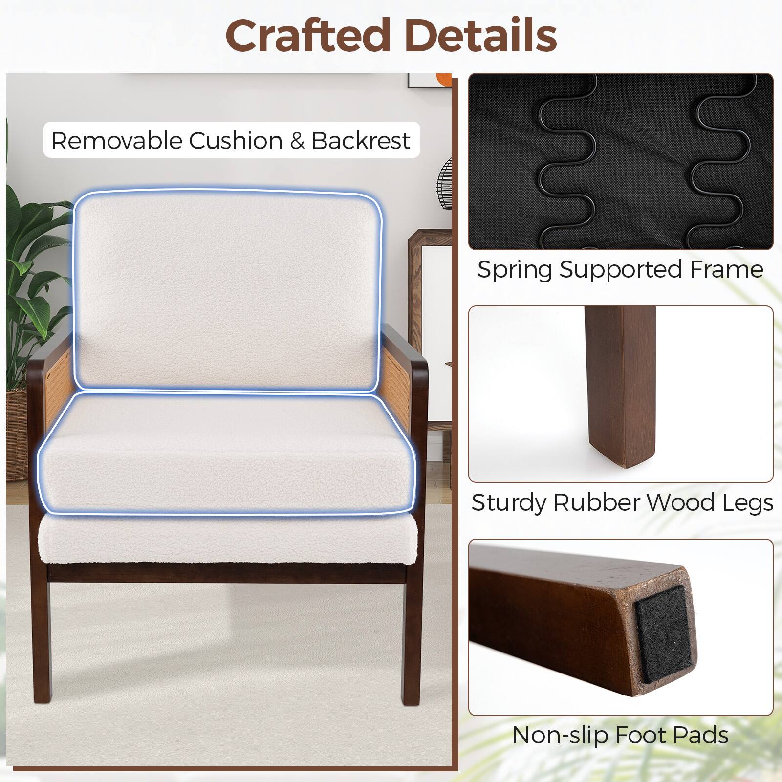 Crafted Details: Removable Cushion & Backrest, Spring Supported Frame, Sturdy Rubber Wood Legs, Non-slip Foot Pads.