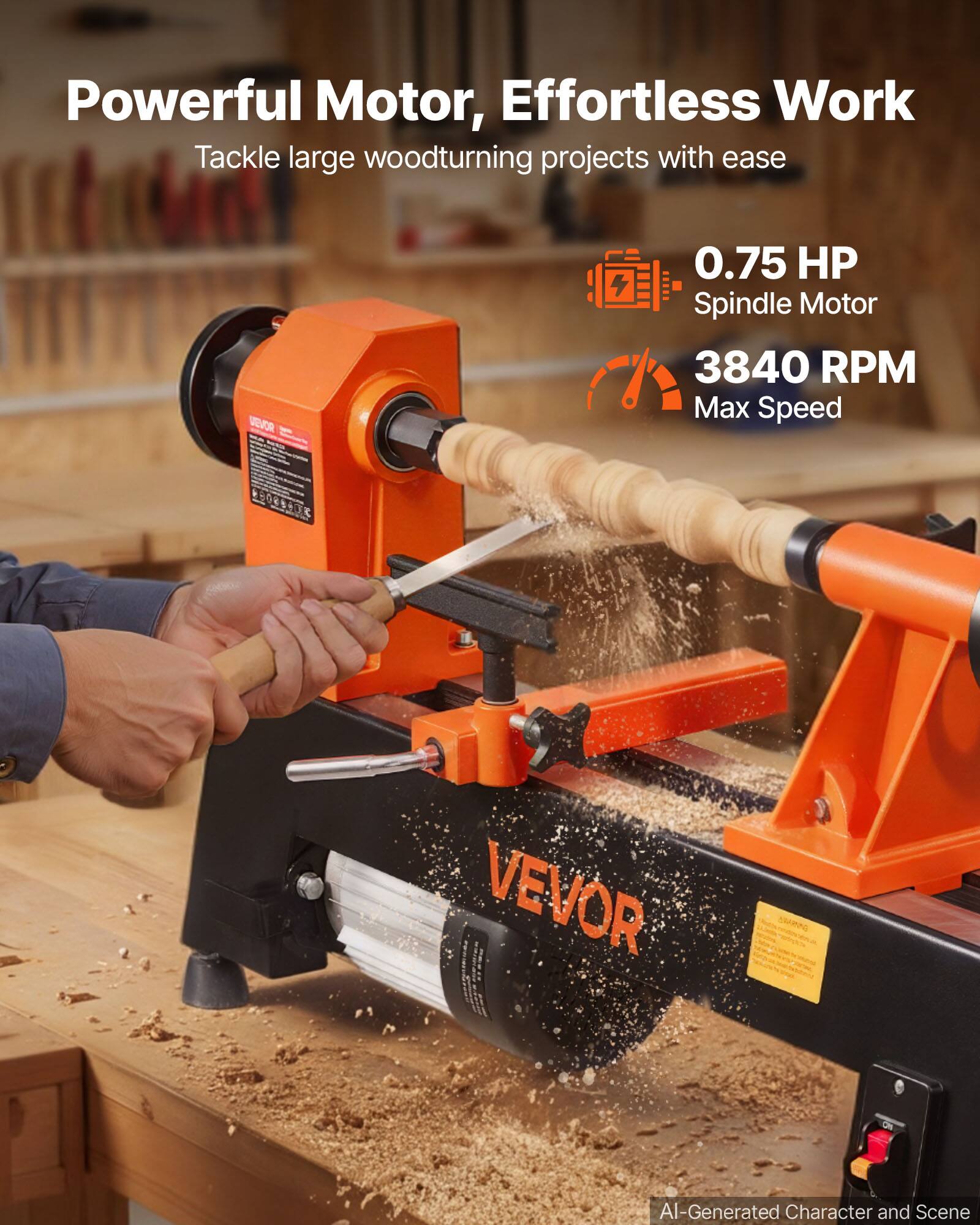 Powerful Motor, Effortless Work  
Tackle large woodturning projects with ease  

0.75 HP Spindle Motor  
3840 RPM Max Speed  

VEVOR  

AI-Generated Character and Scene