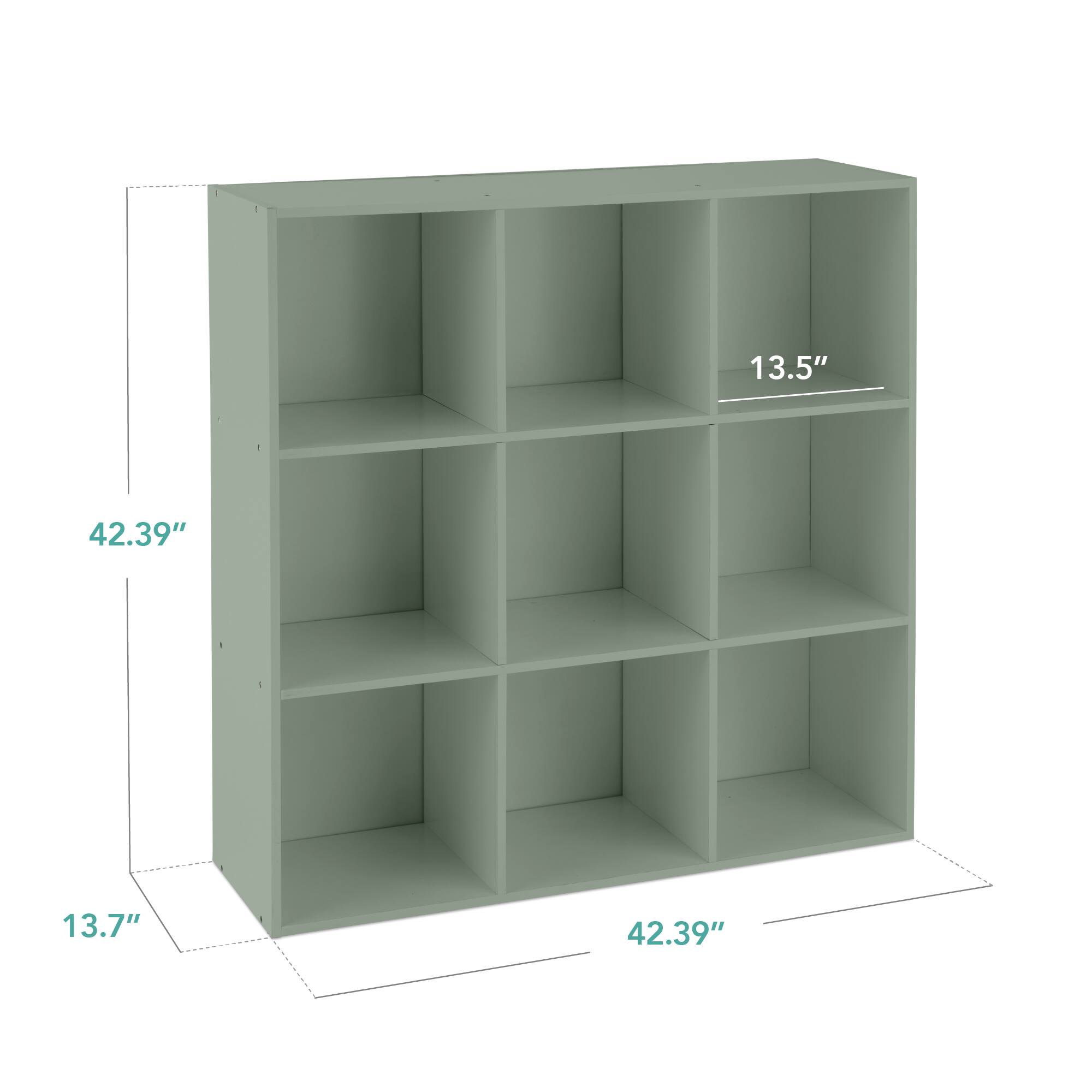 The dimensions of the shelf are:

- Width: 42.39"
- Depth: 13.7"
- Height: 42.39"
- Shelf depth: 13.5"