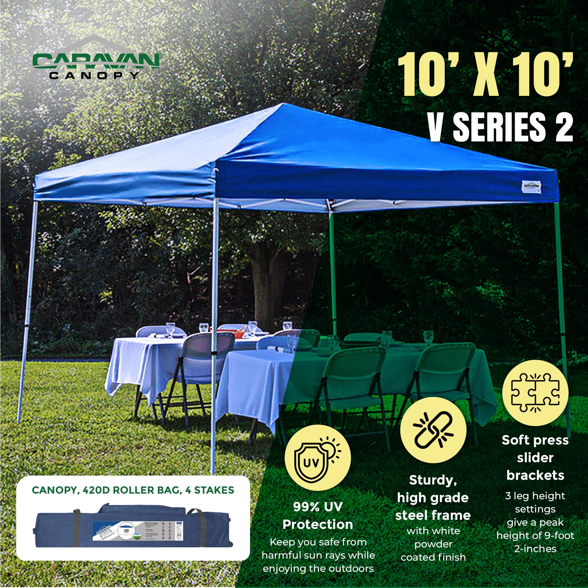 CADAVAN EEA CANOPY 10' X 10' V SERIES 2 CANOPY, 420D ROLLER BAG, 4 STAKES

- UV Sturdy, high grade 99% UV steel frame Protection with white powder coated finish
- Keep you safe from harmful sun rays while enjoying the outdoors
- Soft press slider brackets
- 3 leg height settings give a peak height of 9-foot 2-inches