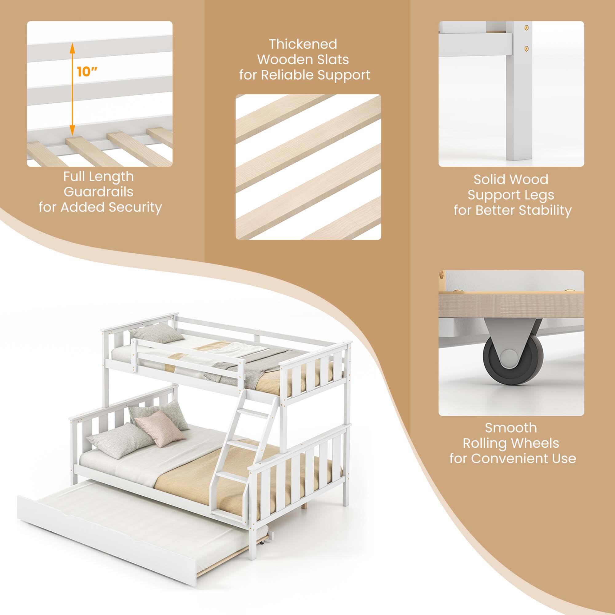 Alt View 5. Costway - Costway Twin Over Full Bunk Bed with Trundle Ladder Safety Guardrails 3-in-1 Beds - White.