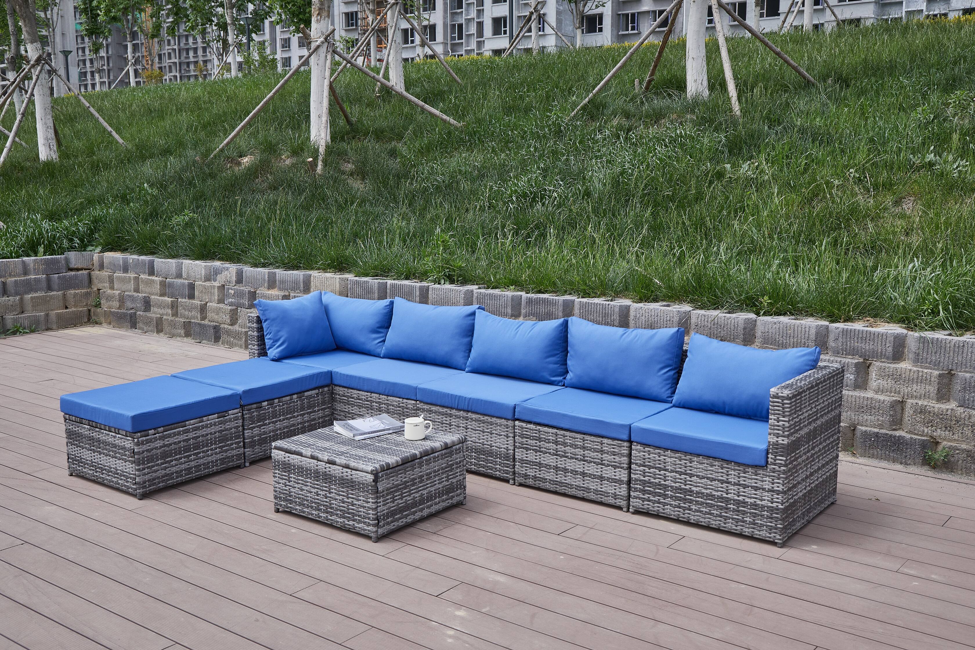 Back. Siljoy - Patio Sofa with Cushions - Blue+Grey.