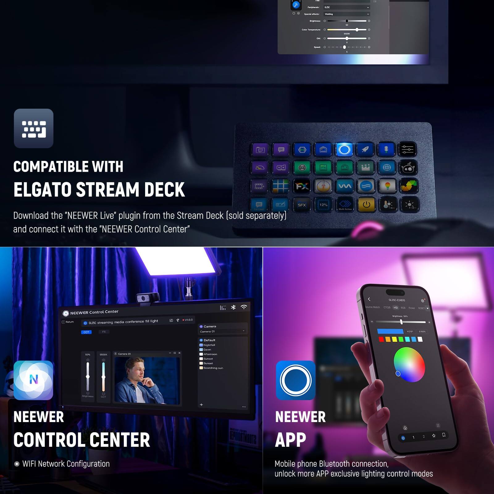 COMPATIBLE WITH ELGATO STREAM DECK

Download the "NEEWER Live" plugin from the Stream Deck (sold separately) and connect it with the "NEEWER Control Center"

NEEWER CONTROL CENTER
WIFI Network Configuration

NEEWER APP
Mobile phone Bluetooth connection, unlock more APP exclusive lighting control modes