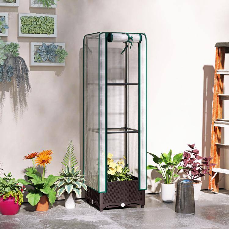Alt View 2. PULUZ - Garden Bed with Trellis, Outdoor Plant Box with PE Cover, Drainage Holes and Zipper Door - Brown.