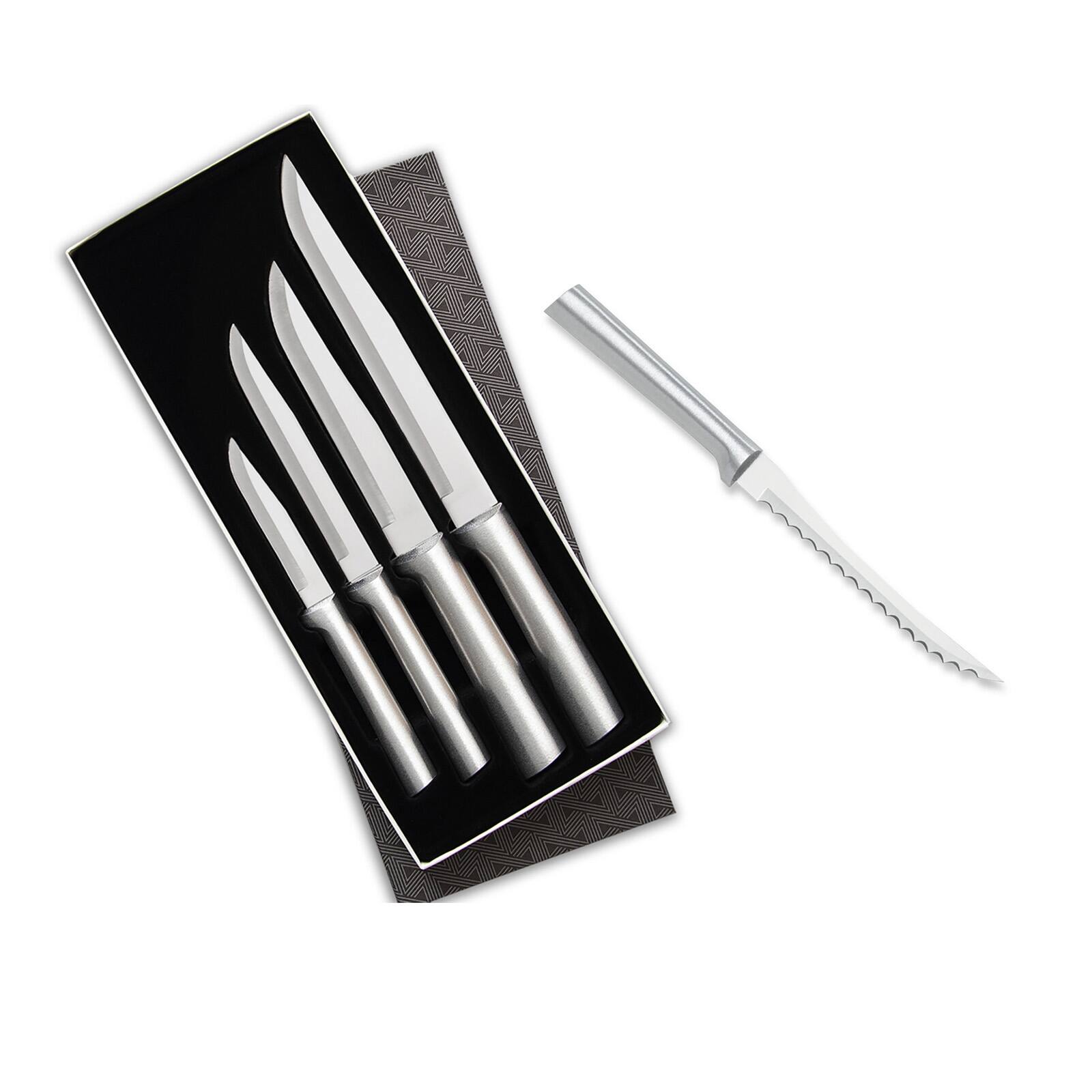 Front. Rada - 4 Piece Wedding Register Set & 5-Inch Tomato Slicer Stainless Steel Serrated Blade, Silver Handles - Silver.