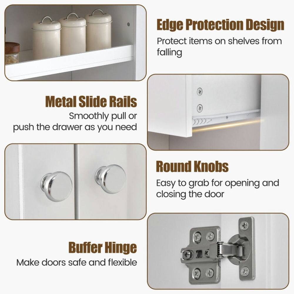 Edge Protection Design  
Protect items on shelves from falling  

Metal Slide Rails  
Smoothly pull or push the drawer as you need  

Round Knobs  
Easy to grab for opening and closing the door  

Buffer Hinge  
Make doors safe and flexible