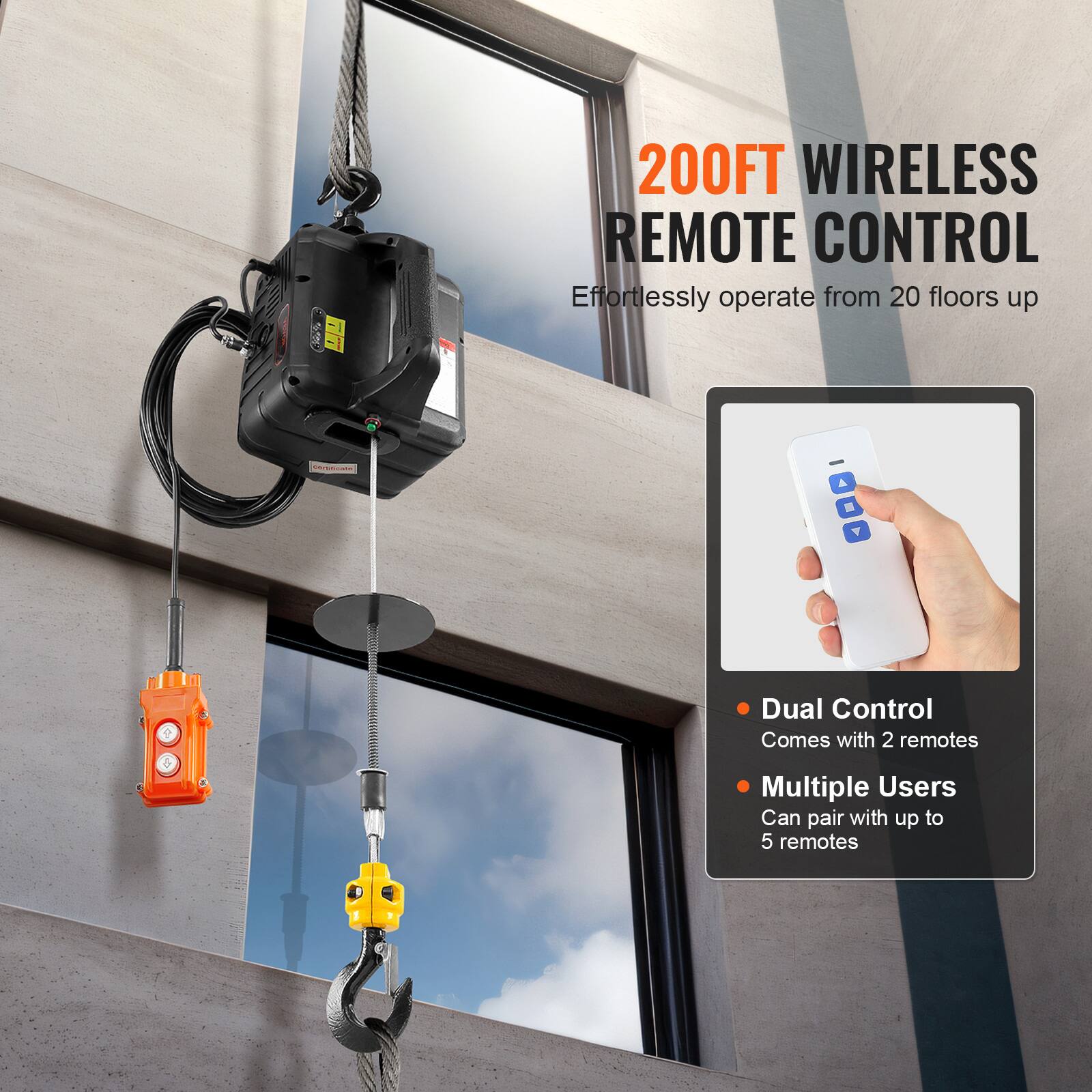 200FT WIRELESS REMOTE CONTROL  
Effortlessly operate from 20 floors up  

- Dual Control  
  Comes with 2 remotes  

- Multiple Users  
  Can pair with up to 5 remotes