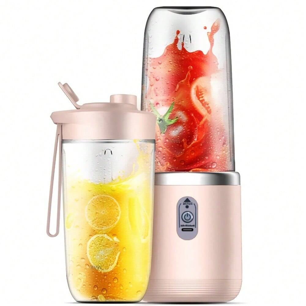 Angle. PRIMEPLUS - Portable Blender with 2 Cups, 400ml Personal Smoothie Maker, 6-Leaf 304 Stainless Steel Blade, 1500mAh USB Rechargeable - Pink.