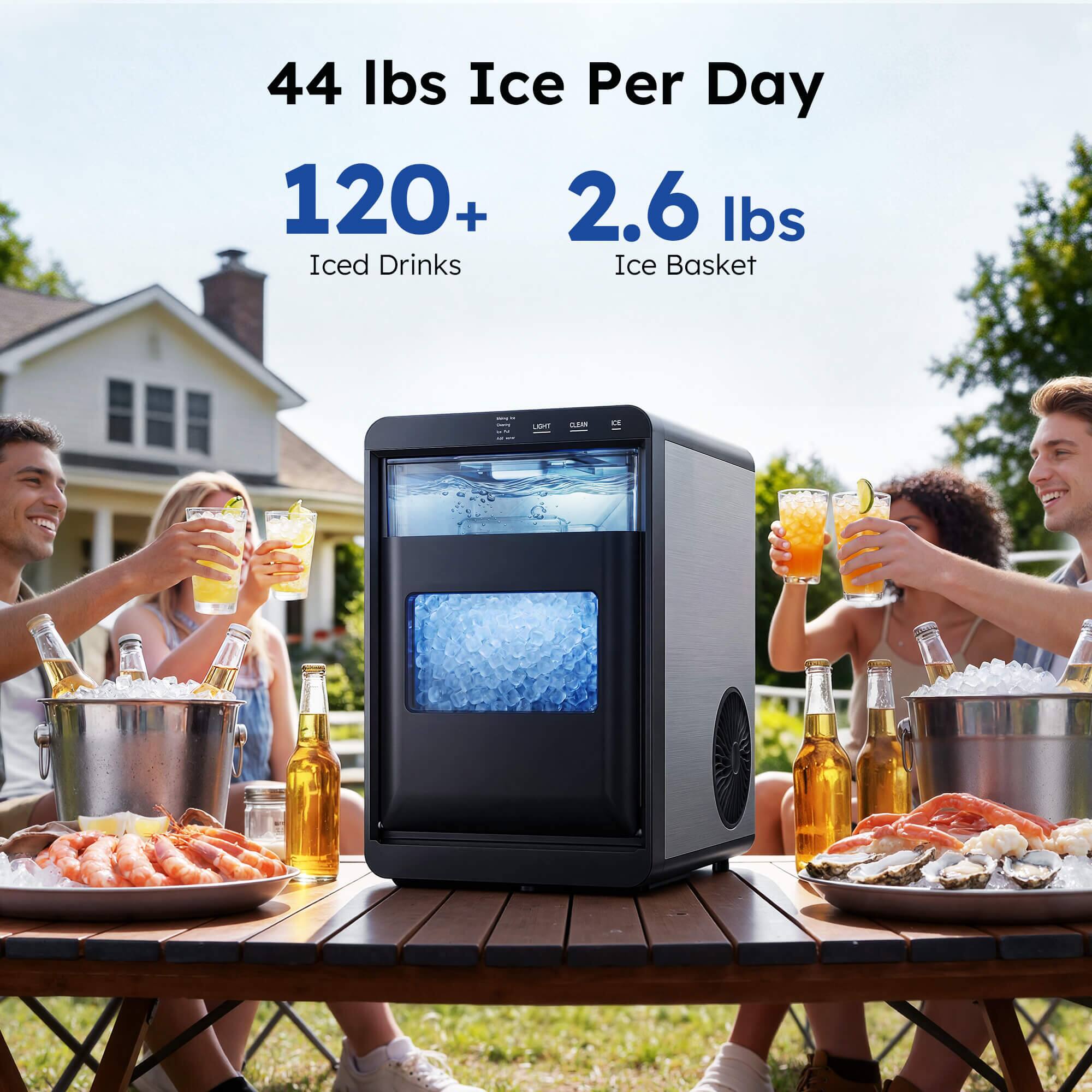 44 lbs Ice Per Day  
120+ Iced Drinks  
2.6 lbs Ice Basket