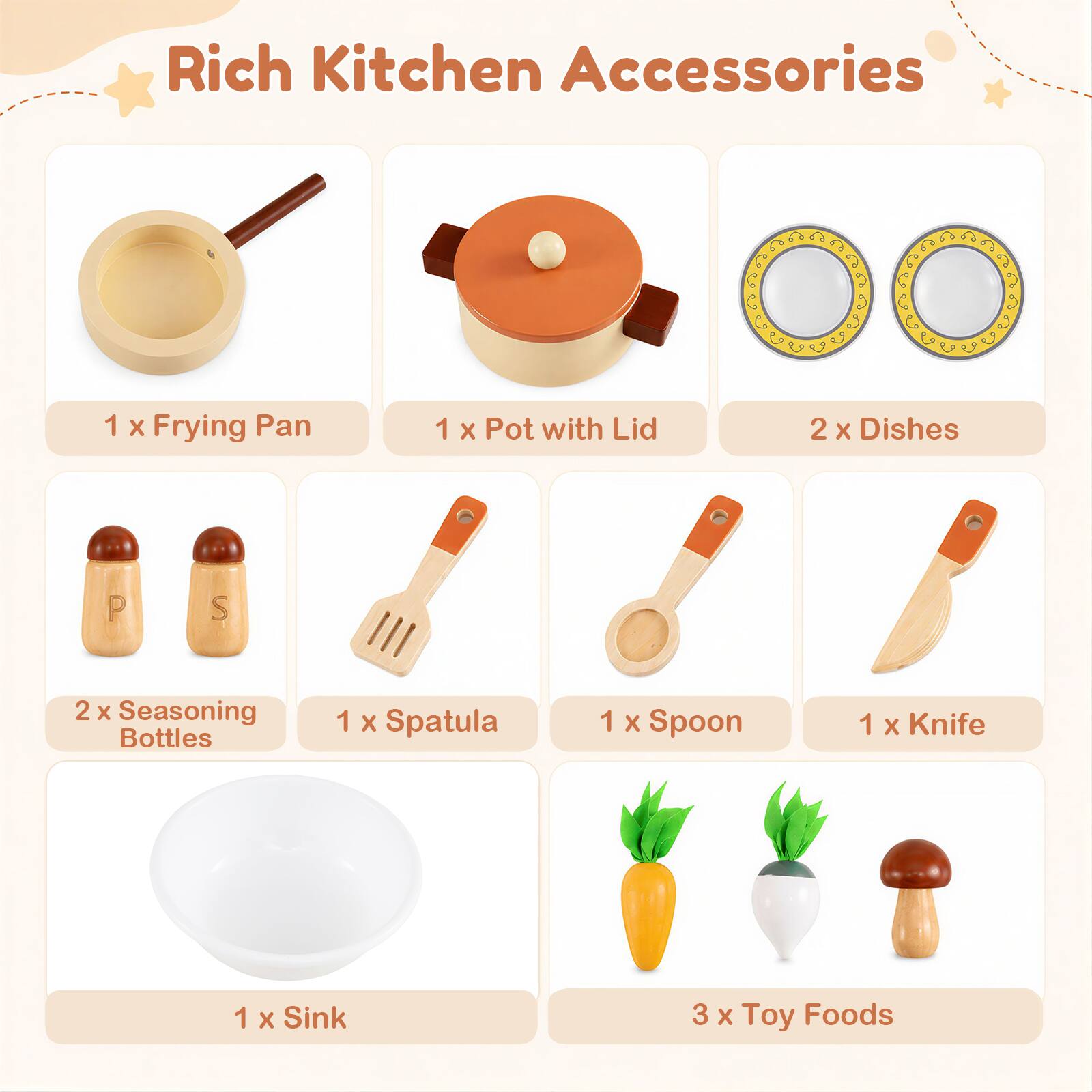 Rich Kitchen Accessories

1 x Frying Pan  
1 x Pot with Lid  
2 x Dishes  
2 x Seasoning Bottles  
1 x Spatula  
1 x Spoon  
1 x Knife  
1 x Sink  
3 x Toy Foods