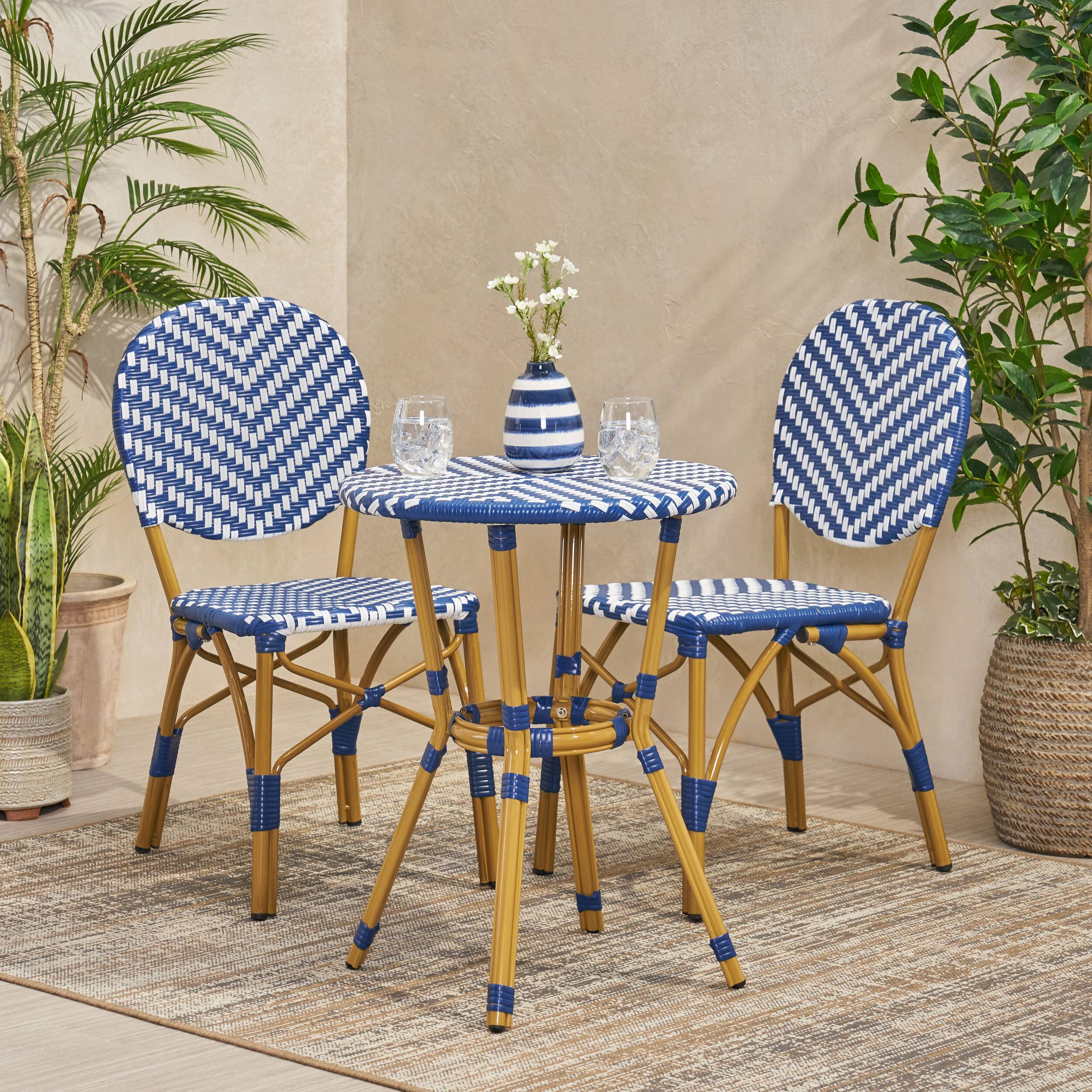 Left. APRILSOUL - French Bistro Set Aluminum Rattan 2 Chairs Table Bamboo Finish Patio Balcony - Navy Blue.