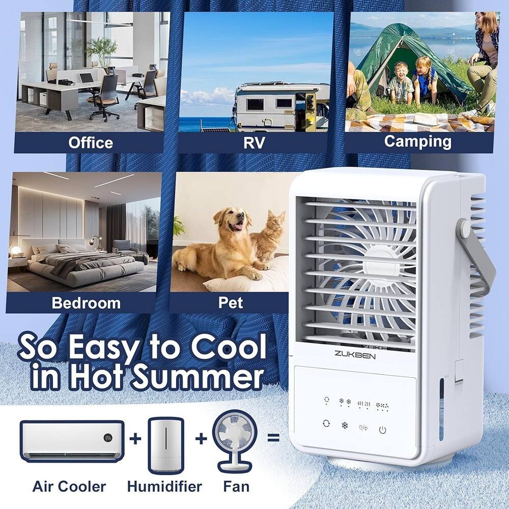 Office  
RV  
Camping  
Bedroom  
Pet  

So Easy to Cool in Hot Summer  

Air Cooler + Humidifier + Fan = ZUKBEN 4012H