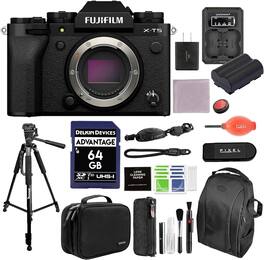Fujifilm - X-T5 Mirrorless Camera (Black) Bundle with Extra Battery & Charger Kit, Tripod, Backpack, Camera Case & More