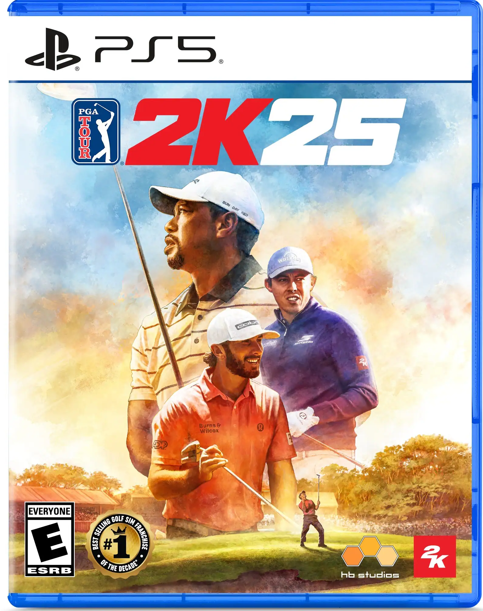 The text on the image is: "PS5. PGA Tour 2K25. ESRB Rating: E (for Everyone). Best-selling golf sim franchise. Developed by HB Studios. 2K." - E (Everyone)