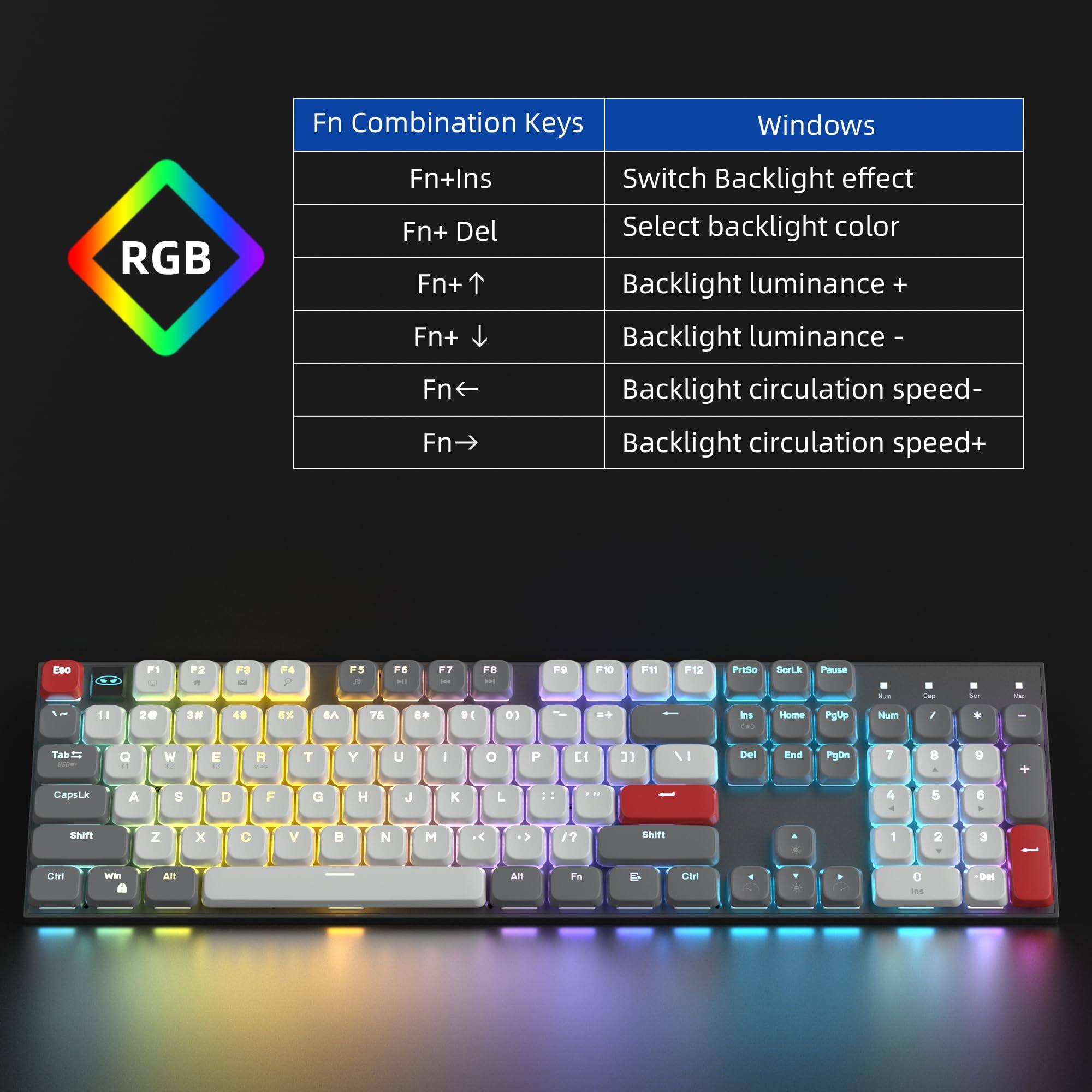 Fn Combination Keys | Windows  
Fn+Ins | Switch Backlight effect  
Fn+ Del | Select backlight color  
Fn+ ↑ | Backlight luminance +  
Fn+ ↓ | Backlight luminance -  
Fn+ ← | Backlight circulation speed-  
Fn+ → | Backlight circulation speed+  

EBC F1 F2 . P3 - P4 . FS A F8 - F7 - FB FO F10 F11 F12 PrtSc SysRq Pause  
Paa - 3 W 11 20 3. 48 BX B T D 0) - + is Hame Pguip Num / . I Tak a W E A T Y U I o P E \I Des Ene Pe 7 a 9 + CapsLk A S D F G H J K L 1 4 a 5 5 SNFI Z x V N < => /? San 1 2 3 H Win FA Al Fn Cirl C is Del