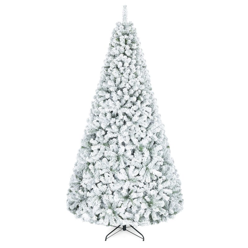 WELLFOR - 9ft Snow Flocked Christmas Tree, Hinged Artificial Tree for Home, Office & Holiday Decoration, Unlit Xmas Tree - White & Green