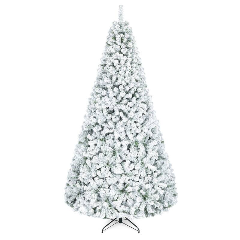 Front. WELLFOR - 9ft Snow Flocked Christmas Tree, Hinged Artificial Tree for Home, Office & Holiday Decoration, Unlit Xmas Tree - White & Green.