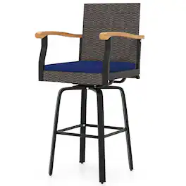 Gymax - 29'' Outdoor 360-Degree Swivel Bar Stool w/Cushion & Acacia Wood Armrests Footrest Mix Navy - Brown
